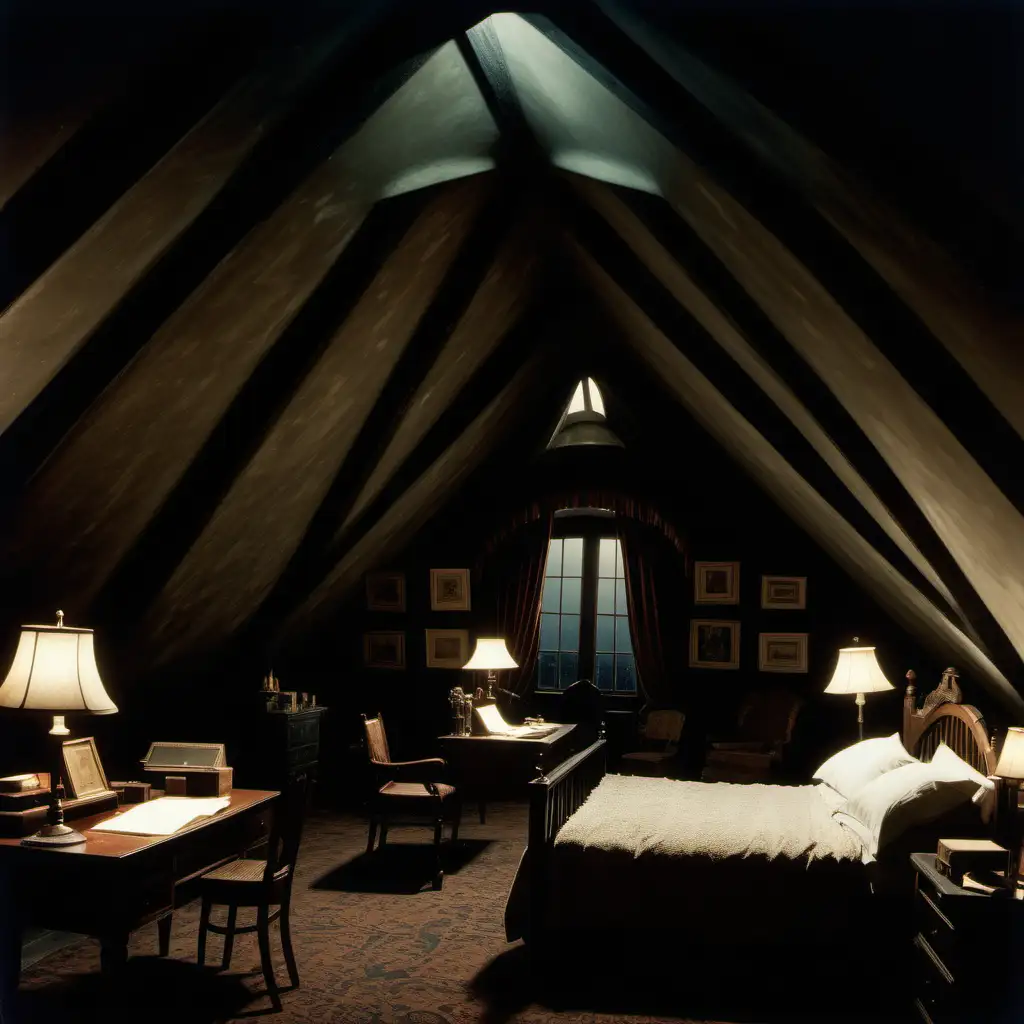 Large Dark tower attic room with a conical ceiling with four poster bed and desk dimly lit in large high castle at night 1940's