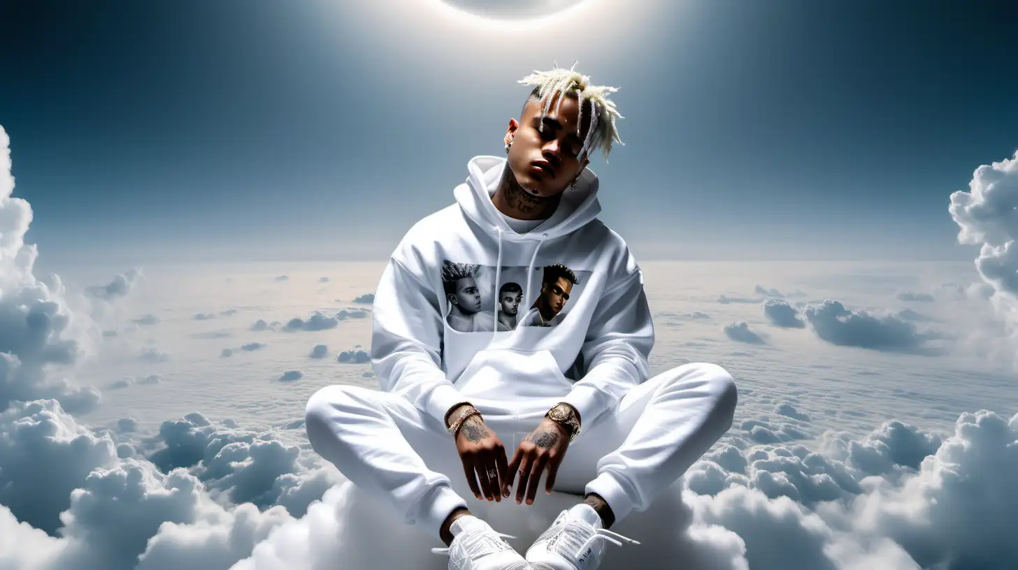 xxxtentacion dressed in white clothes in heaven with his signature poses above the clouds