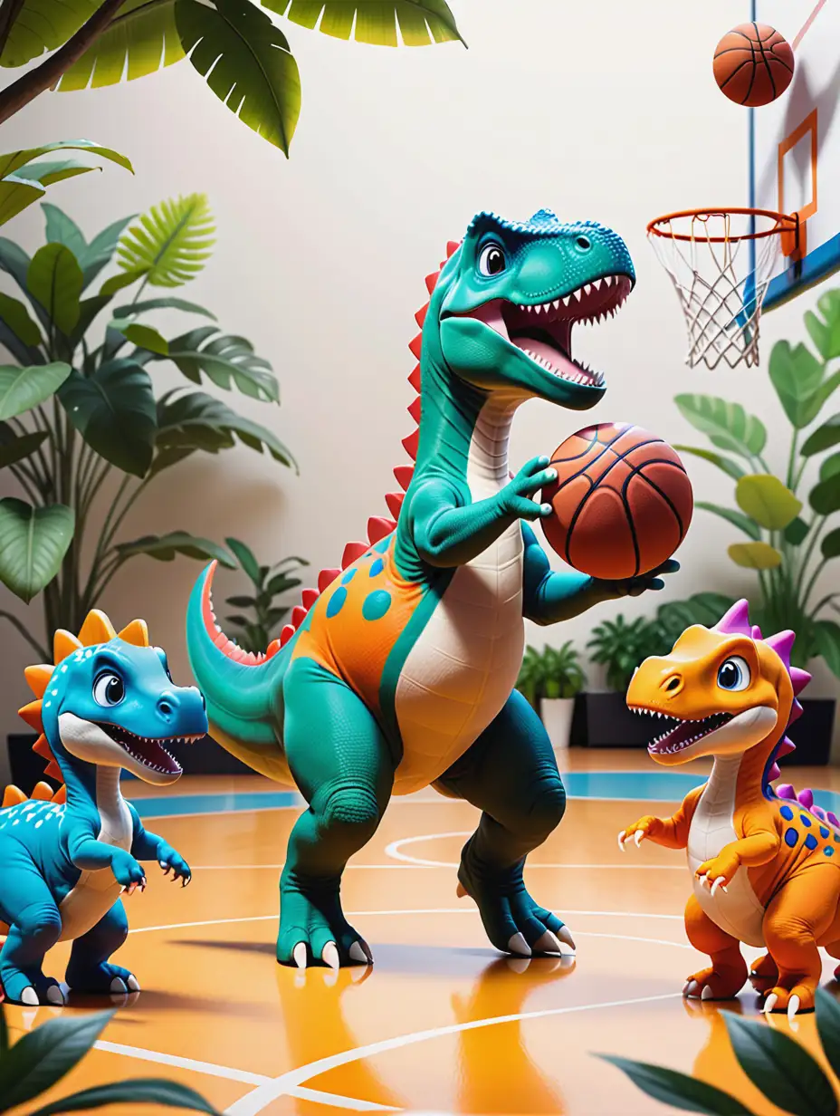 create a litle dinosaur with his dinosaurs friends playing basquet ball, add color in the image