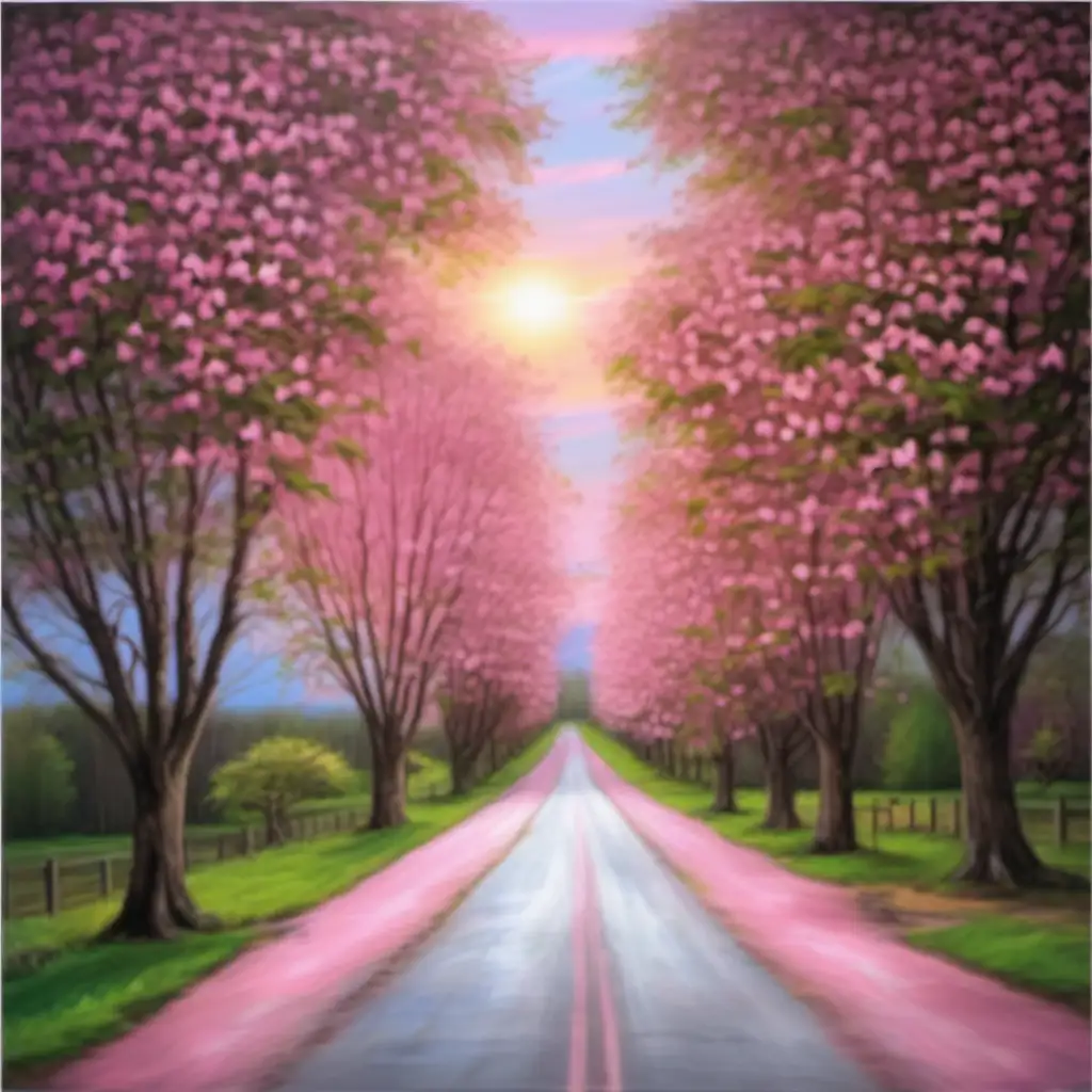 tree lined dirt road with Pink Dogwoods lining the road.  the trees canopy over the road with a sunset in the distant background.  green grass surrounds the pink dogwoods.