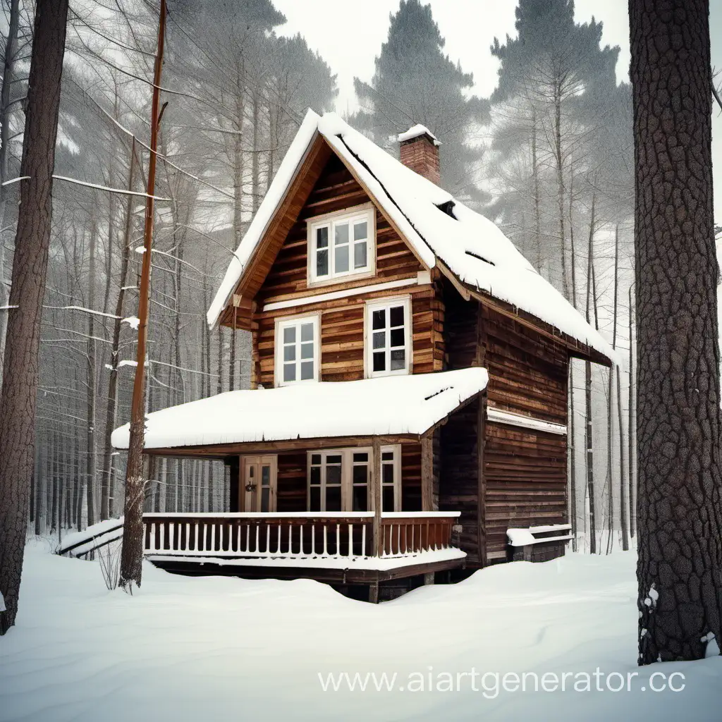 дом сделанный из еловых досок двухэтажный который находится в зимнем лесу не современный старомодный старый саморучно построеный