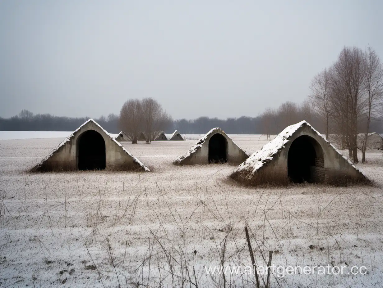 Много заброшенных землянок погребов с треугольными крышами стоят в поле зимой