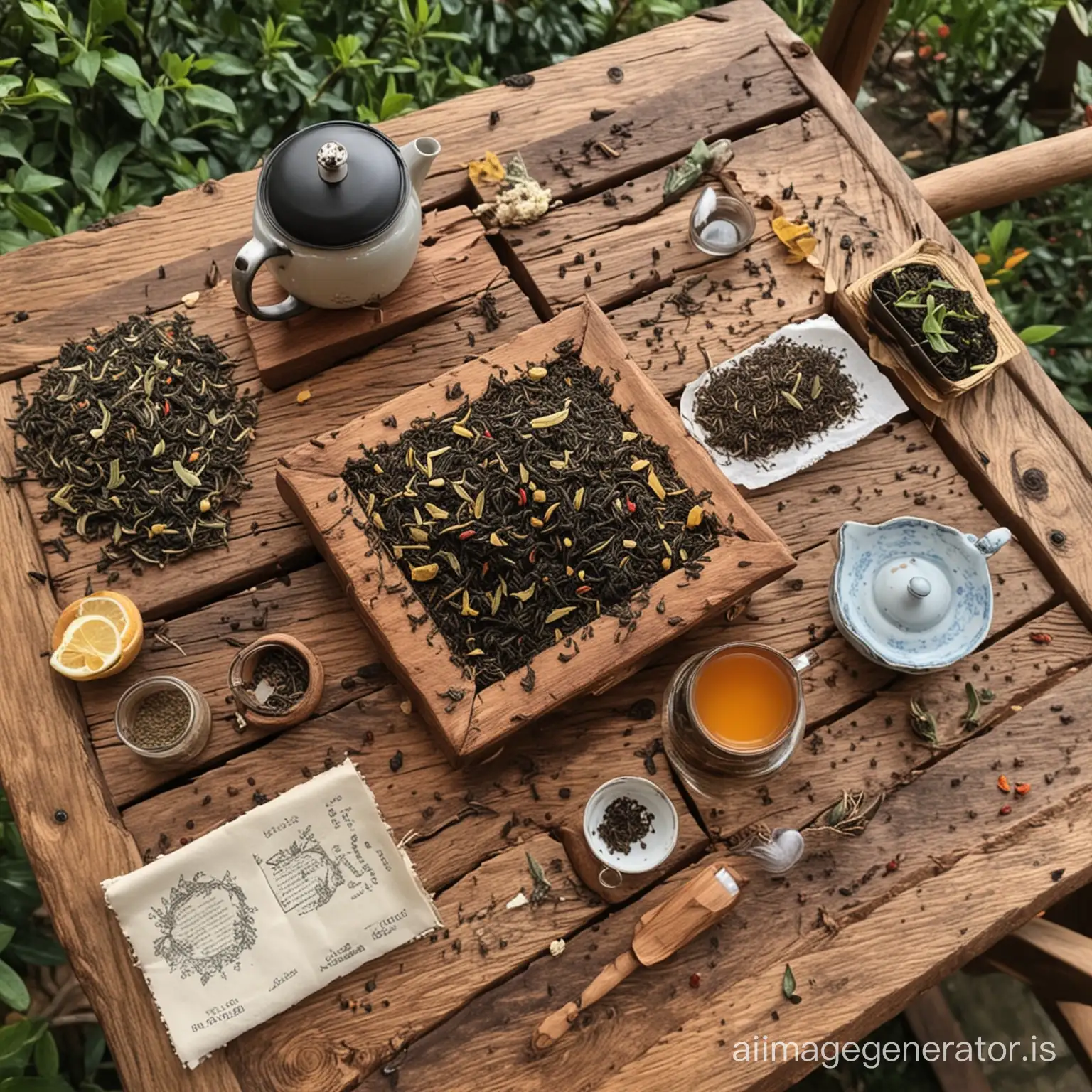 show 10 types of tea in the woody table with cool and cozy atmospher