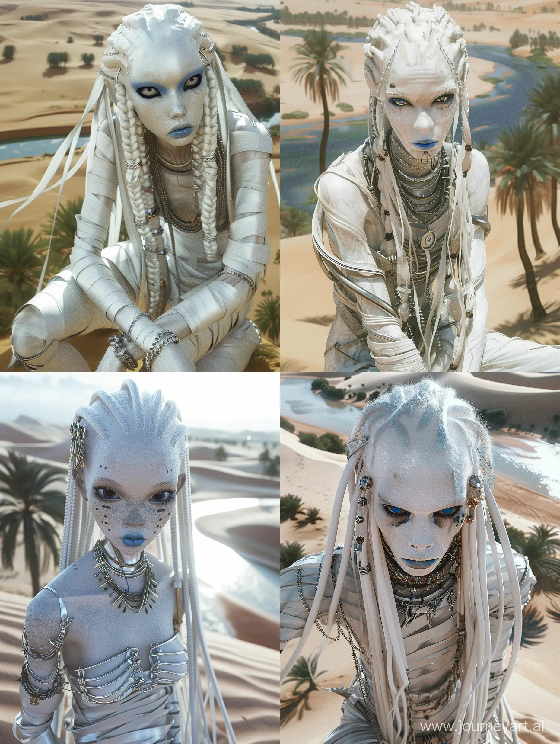  illustration, in full growth,  white shining skin, alien from outer space, silver hair down to his knees, braided, disheveled hair, a lot of metal jewelry in his hair,  huge black eyes without pupils, blue lips, small nose, thin,  very tall, comic costume looks like strips of white cloth, in Full height, curious look,
large dunes, 
sand, 
river and palms in background, 
beautiful, 
sharpness, 
romantic, 
fantastic, 
photography, 
close-up, 
hyper detailed, 
trending on artstation, 
sharp focus, 
studio photo, 
intricate details, 
highly detailed, 
in the style of white silver, 
y2k aesthetic, 
soft, 
dream-like quality, 
prince core, 
smooth and shiny, 
pensive poses, 
precise detailing 
--q 2