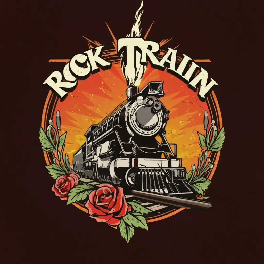 a logo design,with the text "ROCK TRAIN", main symbol:Train Guitars Pistols and roses,complex,clear background