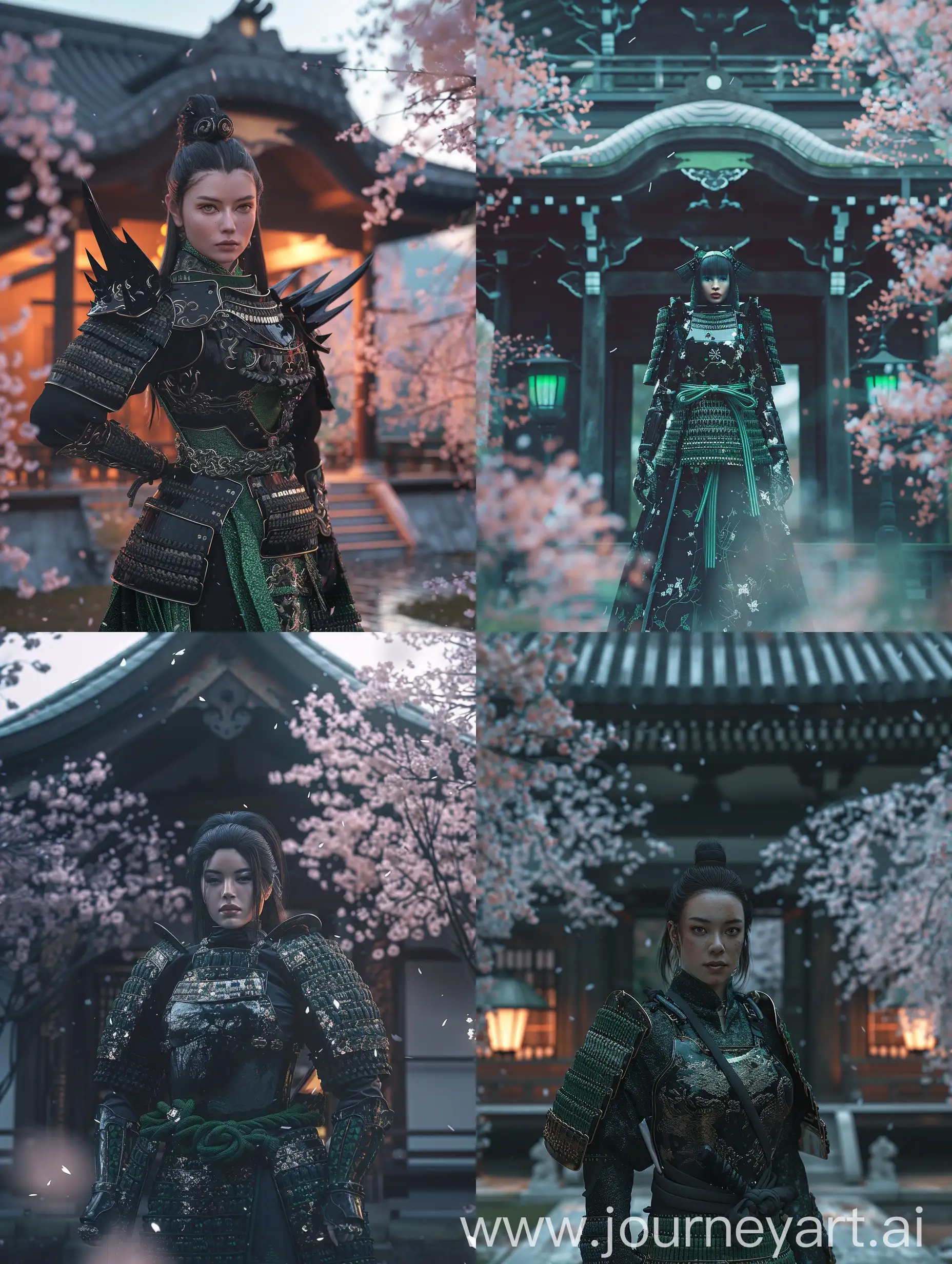 Character: A female samurai in a stunning black and green ō-yoroi armor. The armor's sharp details highlight its design and the character's strength.
Environment: A traditional Japanese temple surrounded by cherry blossom trees. The temple's architecture is clearly shown, enhancing its beauty.
Background: A detailed front view of the Japanese temple. The temple's facade adds to the scene's depth.
Style: A black and green ō-yoroi fashion editorial that blends samurai tradition with modern style. The mix of old and new is clearly shown.
Photography Type: A cinematic fashion editorial that captures the details of the ō-yoroi samurai warrior. The image is carefully composed for visual impact.
Theme: A fashion editorial campaign that celebrates the ō-yoroi samurai warrior and the blend of tradition and modernity. The theme is detailed, immersing the viewer in the samurai world.
Visual Filters: A fashion film Look-Up Table (LUT) is used to add depth to the image and make it clearer.
Camera Effects: Camera blur and haze effects, and a Cinematic Film Lut are used to add depth and a sense of atmosphere to the image.
Time: The scene is set in the evening, creating a serene and magical feel. The soft evening lighting highlights the scene's details.
Resolution: The image is high resolution, preserving all the intricate details and enhancing the viewer's experience.
Key Element: The technical textile of the black and green ō-yoroi armor is the focus, with its exquisite craftsmanship and detailing clearly shown.
Details: The ō-yoroi armor's detailed technical textile reflects the light, enhancing the samurai's presence and adding depth to the image. All details, big and small, are carefully shown, creating a visually and emotionally impactful image.