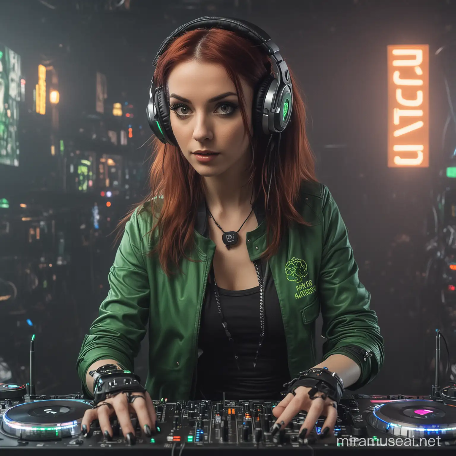 Cyberpunk St Patricks Day Irish DJ Girl in Futuristic Setting