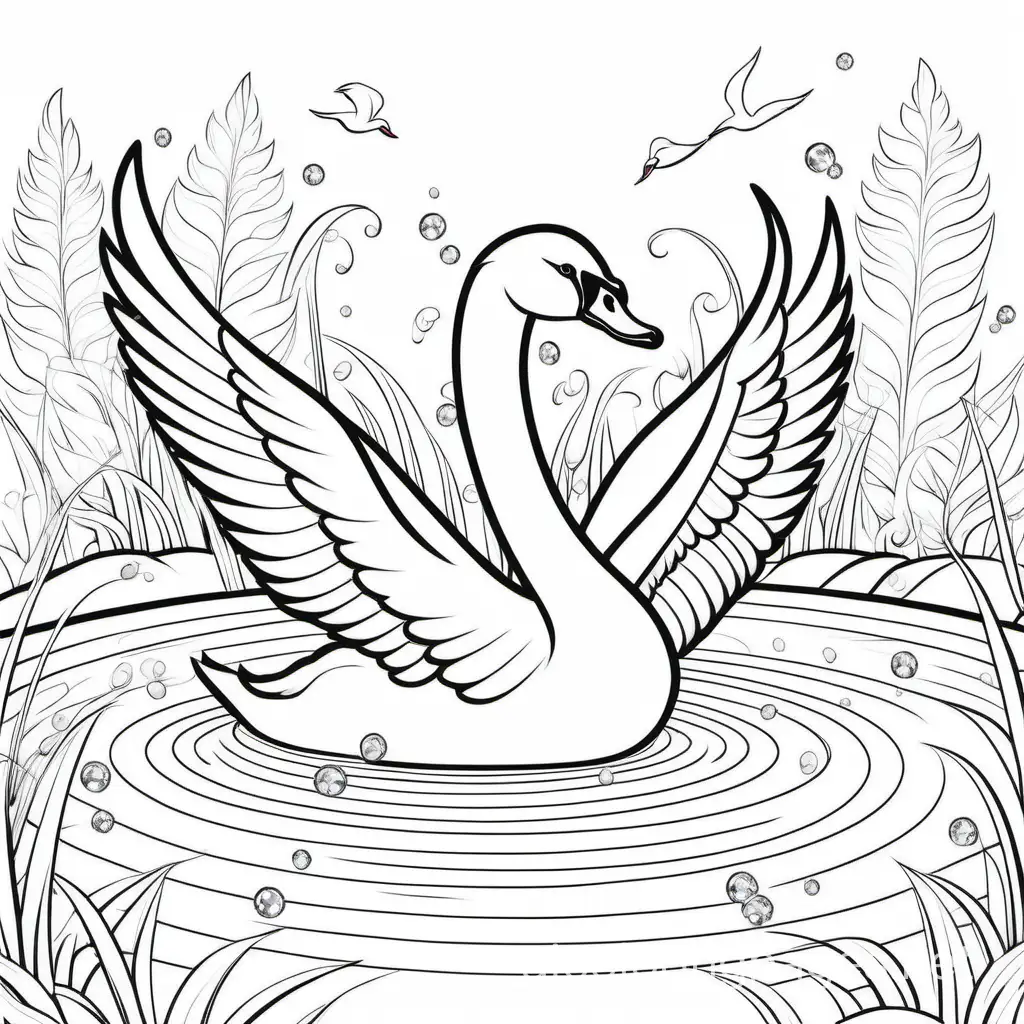 Elegant Swan Gliding on a Crystal Clear Pond. The background of the coloring page is plain white to make it easy for young and adult   to color within the lines. The outlines of all the subjects are easy to distinguish, making it simple for color without too much difficulty, Coloring Page, black and white, line art, white background, Simplicity, Ample White Space. The background of the coloring page is plain white to make it easy for young children to color within the lines. The outlines of all the subjects are easy to distinguish, making it simple for kids to color without too much difficulty