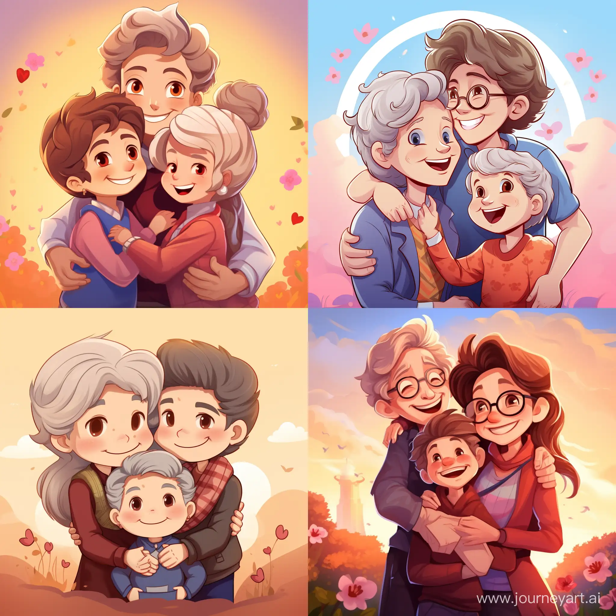 Heartwarming-Cartoon-Scene-Grandchildren-Embracing-Grandma-in-a-Loving-Hug