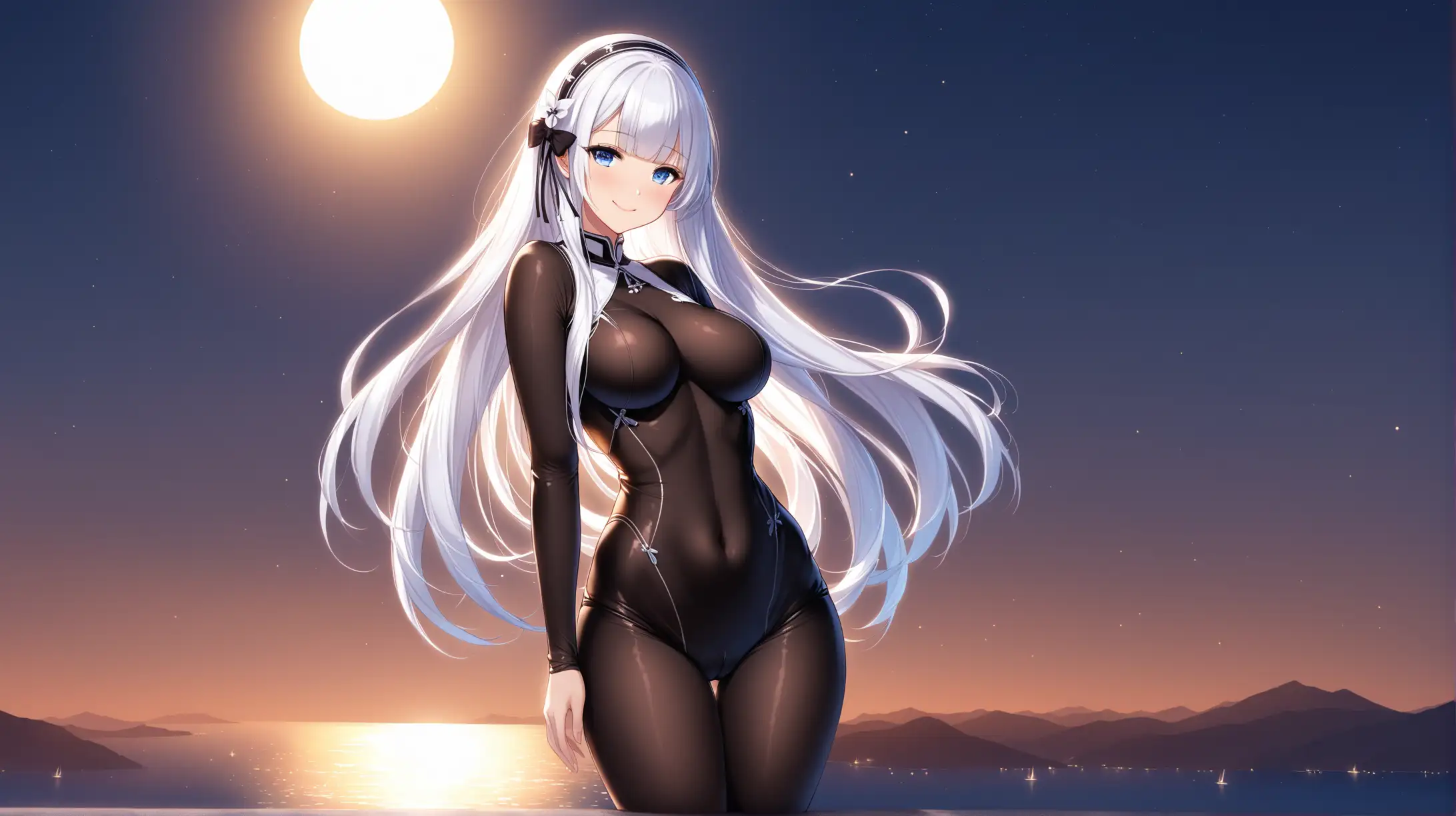 Draw the character Illustrious from Azur Lane, blue eyes, high quality, ambient lighting, long shot, outdoors, seductive pose, bodysuit with shorts, smiling at the viewer