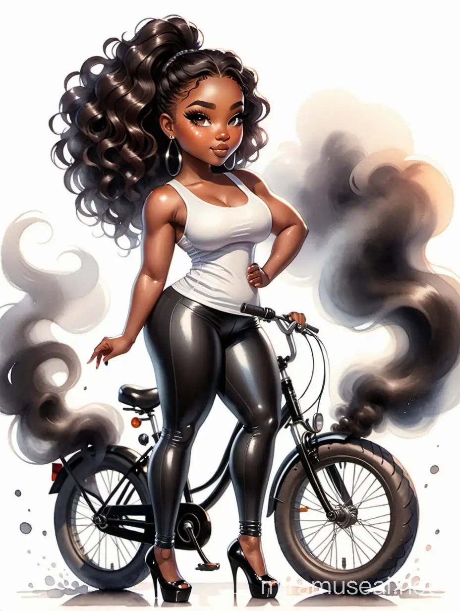 Create an watercolor painting illustration of a chibi curvy black female wearing a WHITE tank top and shiny black leggings and black heels. prominent make up with long lashes and hazel eyes. extremely Highly detailed wavy long black. Background of a bike show with smoke everywhere.