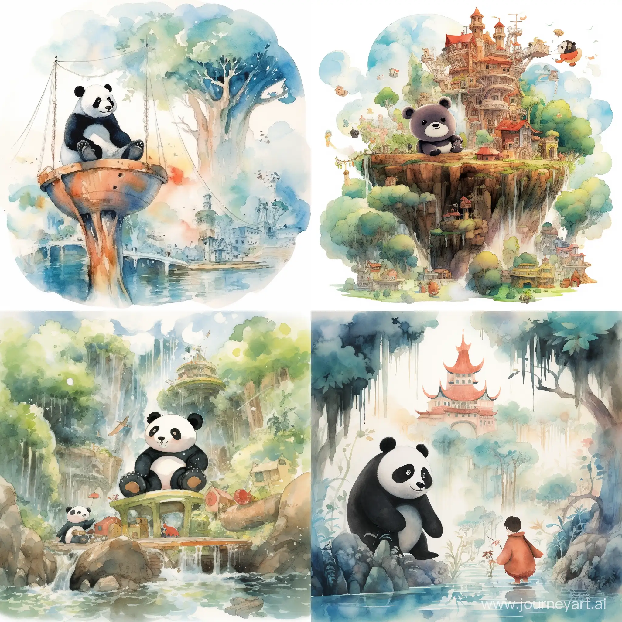 gaint panda in the future world, x Miyazaki Hayao style, watercolor  children illustration


