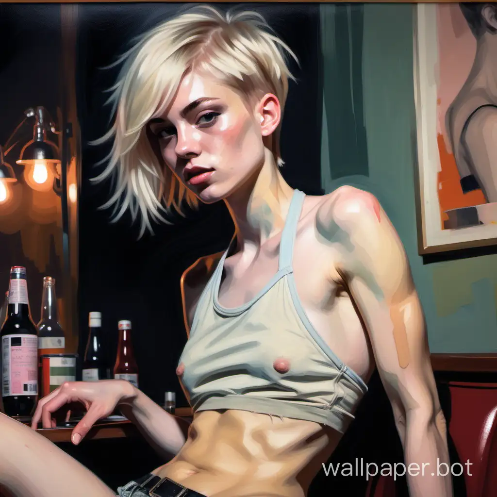 A painting of a pretty, pale-skinned, slim, petite, young, blonde tomboyish lesbian with her hair cut very short, in a messy, boyish style with a fringe. The aesthetic of a fine art painting, with visible brush strokes. She is flat-chested. She wears a cropped, High-necked halter top and little panties late at night. She has a toned, muscular physique. She is in a retro-modern cocktail bar. Soft lighting. The colour palette is subdued and subtle, pale pastel shades.