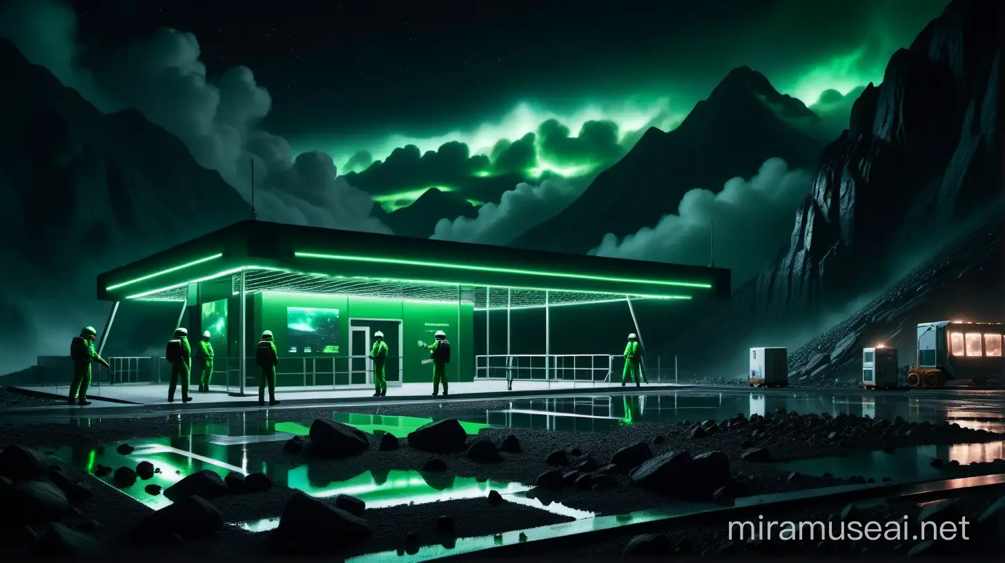 Realistic research centers with one worker around it, green neon and big neon lights inside the part, its color shadow on the floor, Rainy weather, staff in dark green uniforms and helmets, Atmospheric and cinematic, The structure is very big and elongated in the shape of a match and wide, A dark green smoke rose from the research centers environment and spread in the air, The image space is outside the realistic research center, On a big rocky ground outdoors on a black cloud night,
with huge satellite antennas,
An big green neon cubic object,
The floor is black and white,
in the mountains.
dark atmospheric and cinematic.
8k.