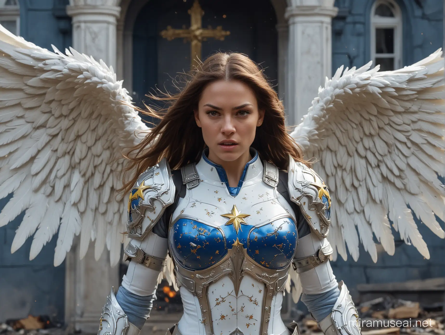 furious muscular female angel, muscled, long brunette hair, with wings (large, white) and armor (metal, belly-free, platinum-colored, blue with yellow stars, blue ornaments) without helmet, turns around, points angrily at a burning house, zoom, close-up