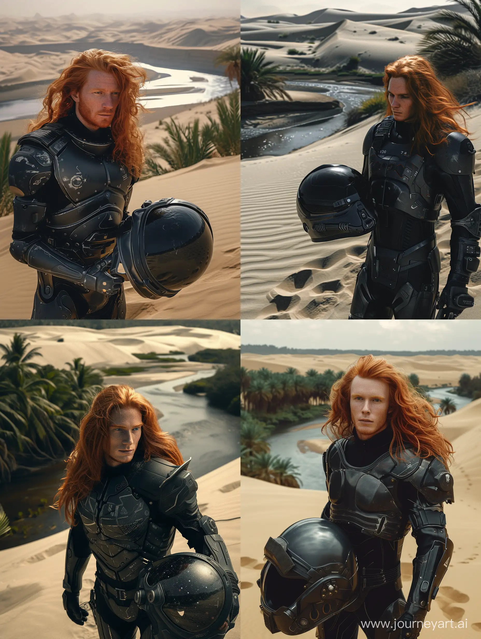 Young-Man-in-RedHaired-Space-Armor-with-Helmet-Against-Desert-Landscape