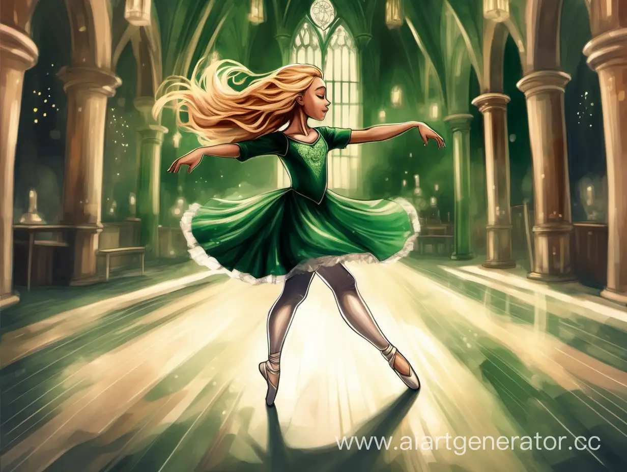A caramel blonde hair girl dancing ballet in an emerald dress in Hogwarts