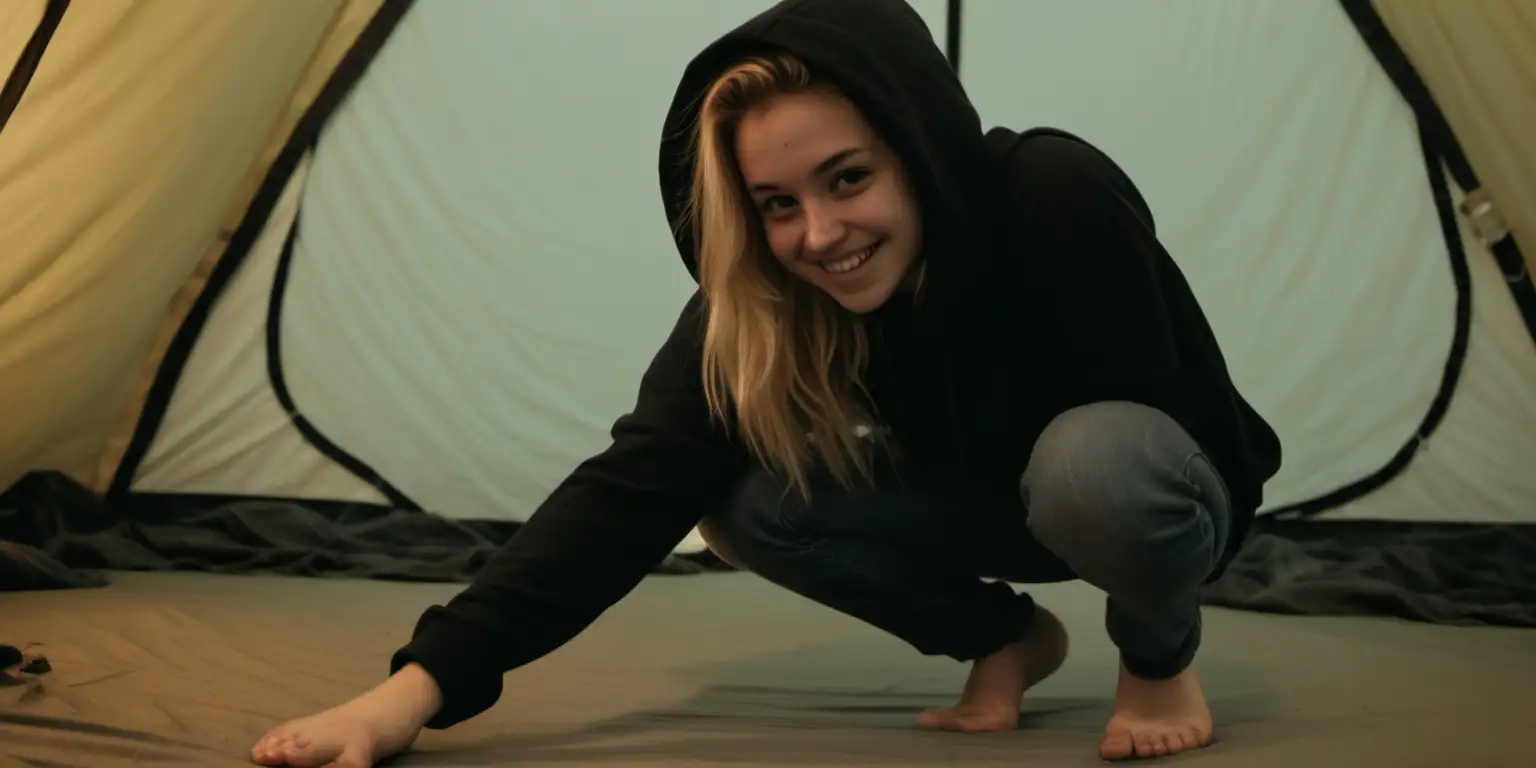 Young Woman Smiling in Nighttime Tent Scene