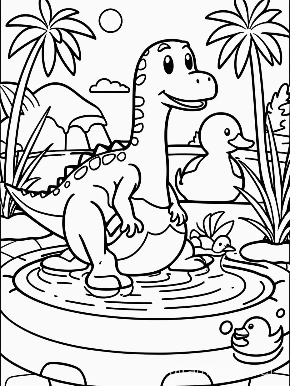  Simple black line cute dinosaur swimming in a pool with a float around the waist and a cute rubber duck Black and white full page coloring page for kids, cute, full page, no borders, simple, shapes with black lines, printable outlined art, thin lines, no shades, crisp lines --style 4b --v4-, png background