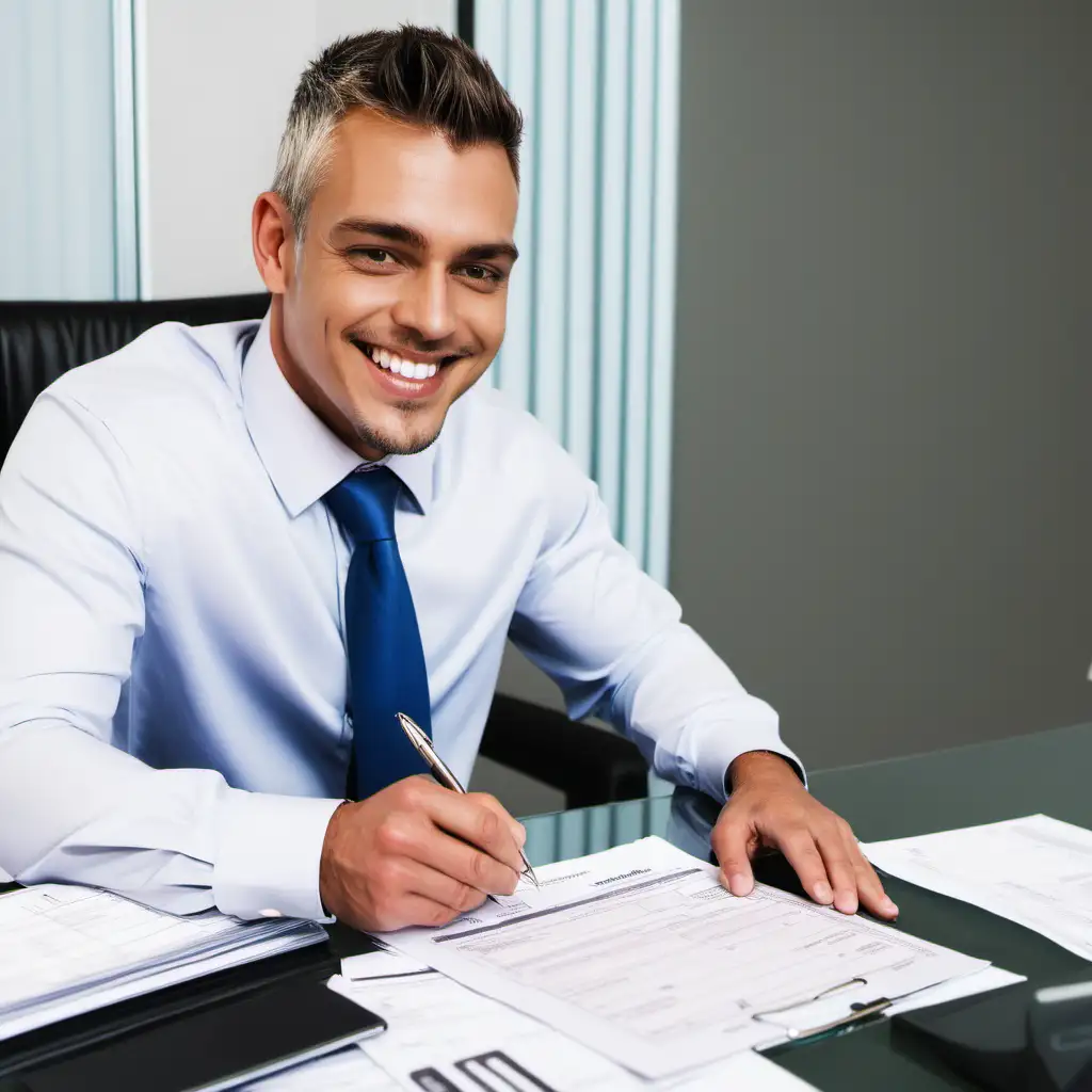 A business man signing on invoices smiling
