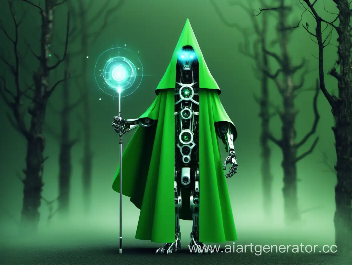 Enchanting-Robot-Wizard-in-a-Green-Cloak-Casting-a-Spell