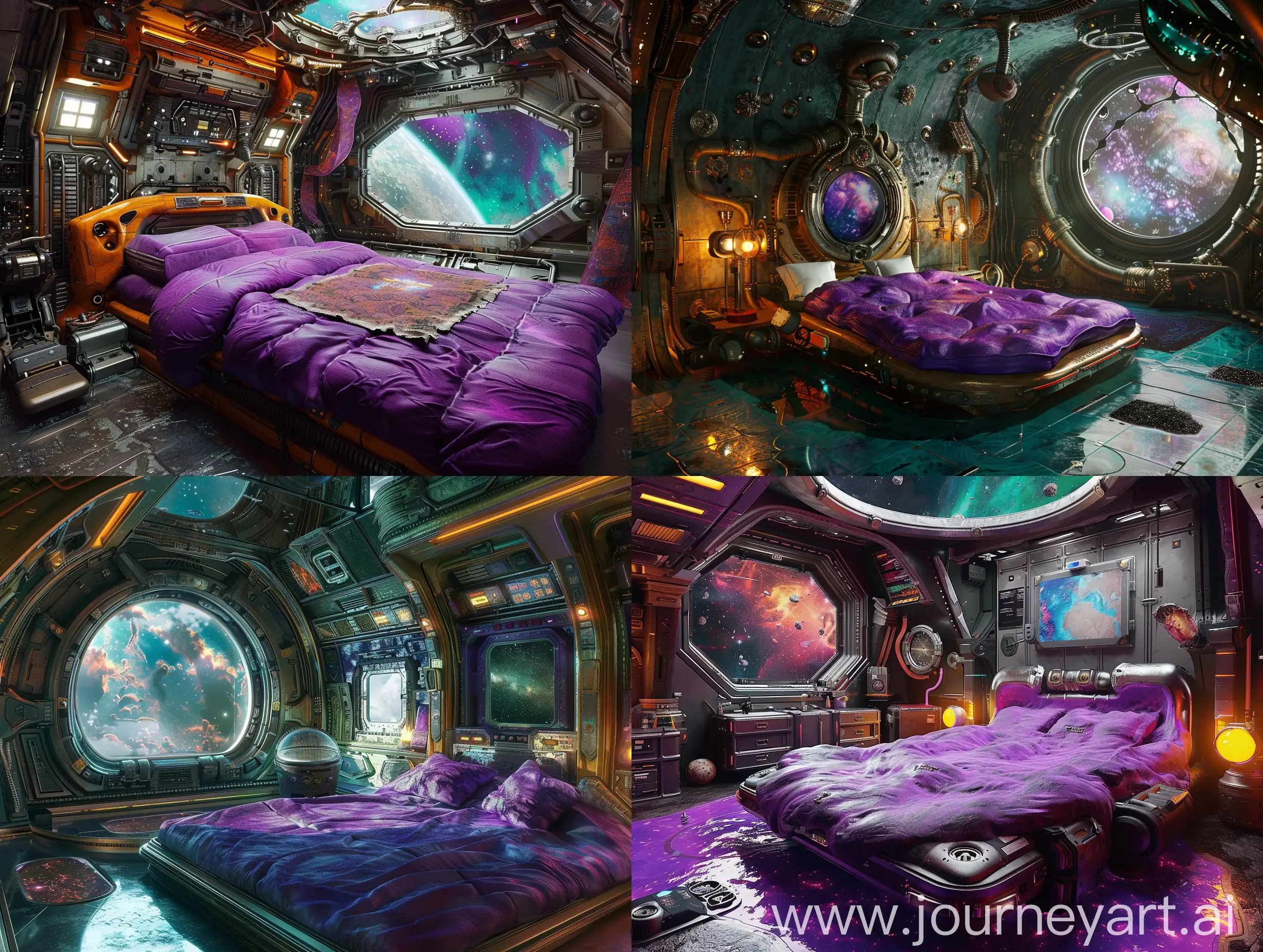 Bedroom in space, [[weird purple waterbed bouncy alien]], hyperdetailed nebula, spaceship bedroom steampunk, By Steven Belledin, Alex Hirsch, Russ Mills, and Alexander Jansson, SUPER_COLORFUL hyperdetailed_intricate_cinematic_breathtaking_complimentary_deep_colors