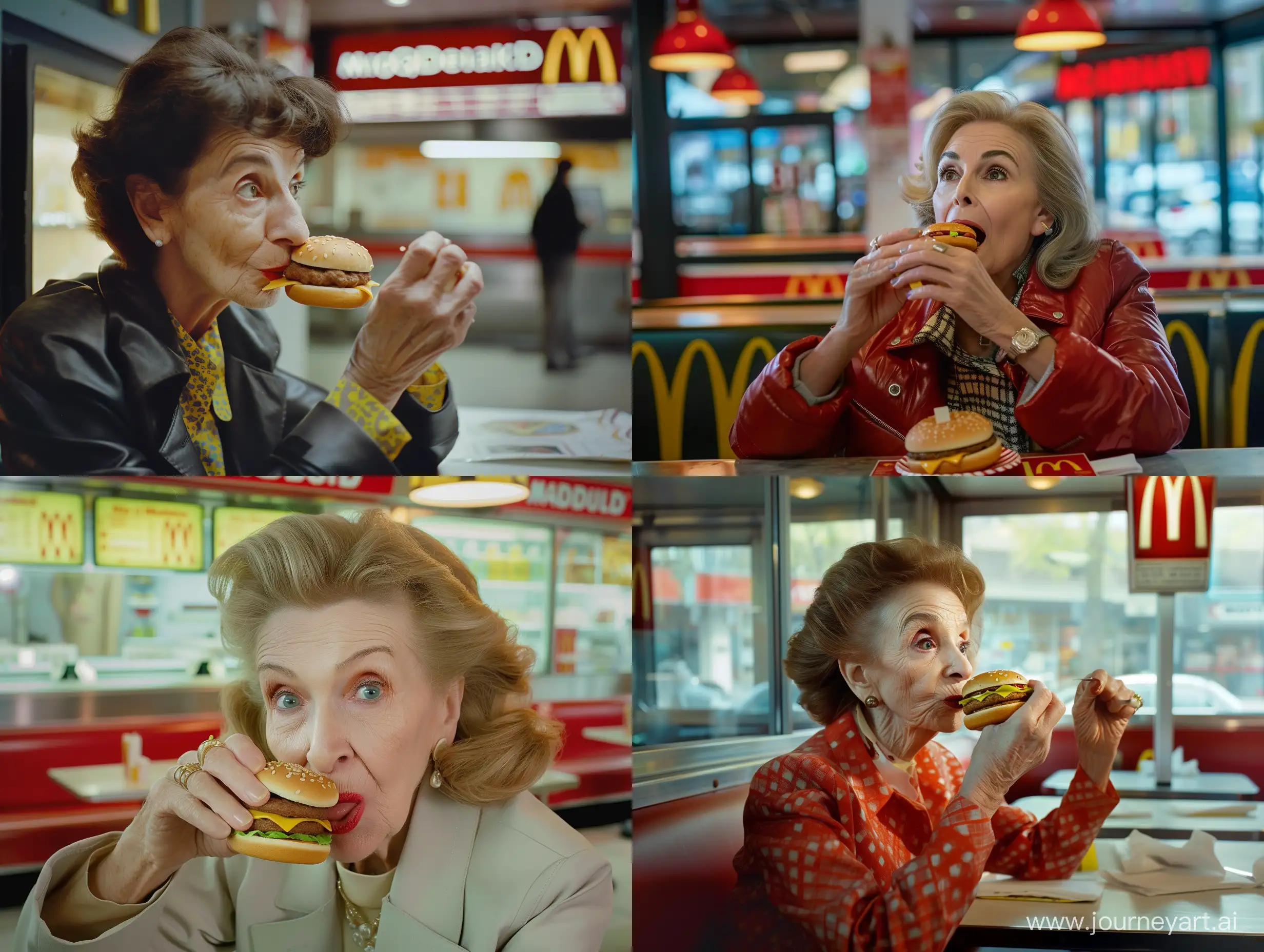 Catherine Deneuve eating a Big Mac in a McDonalds restaurant, midrange shot, cinematic lighting, high detail