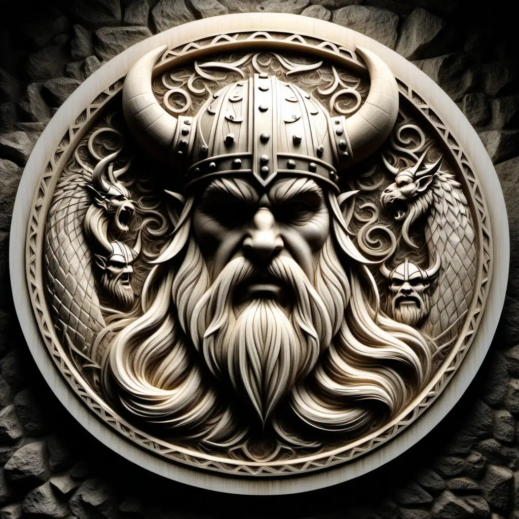Viking Warrior in Circular Stone Relief Intricately Engraved 3D Art with Soft Lighting