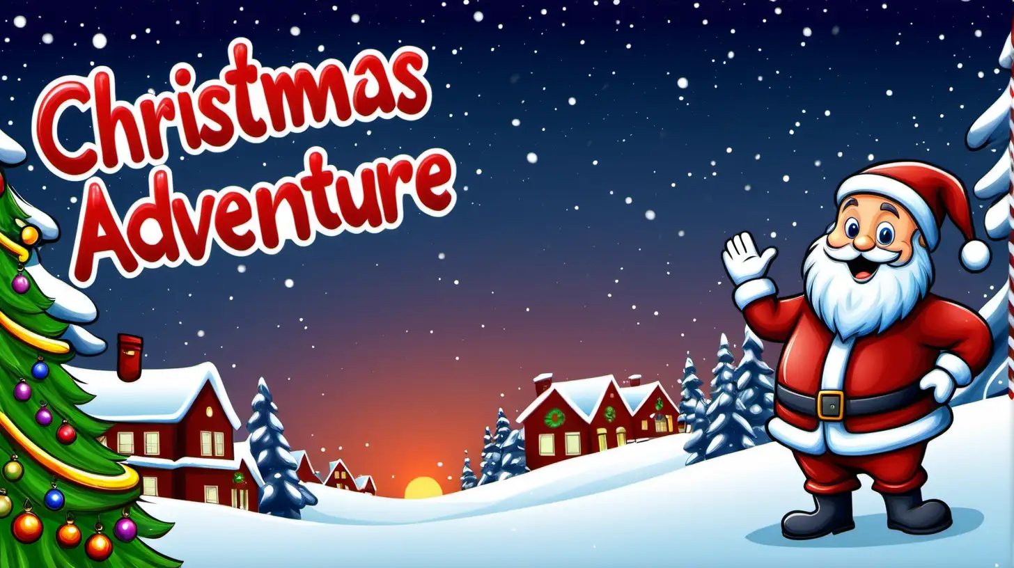 design a cartoon childrens book cover. title "Christmas Adventure"