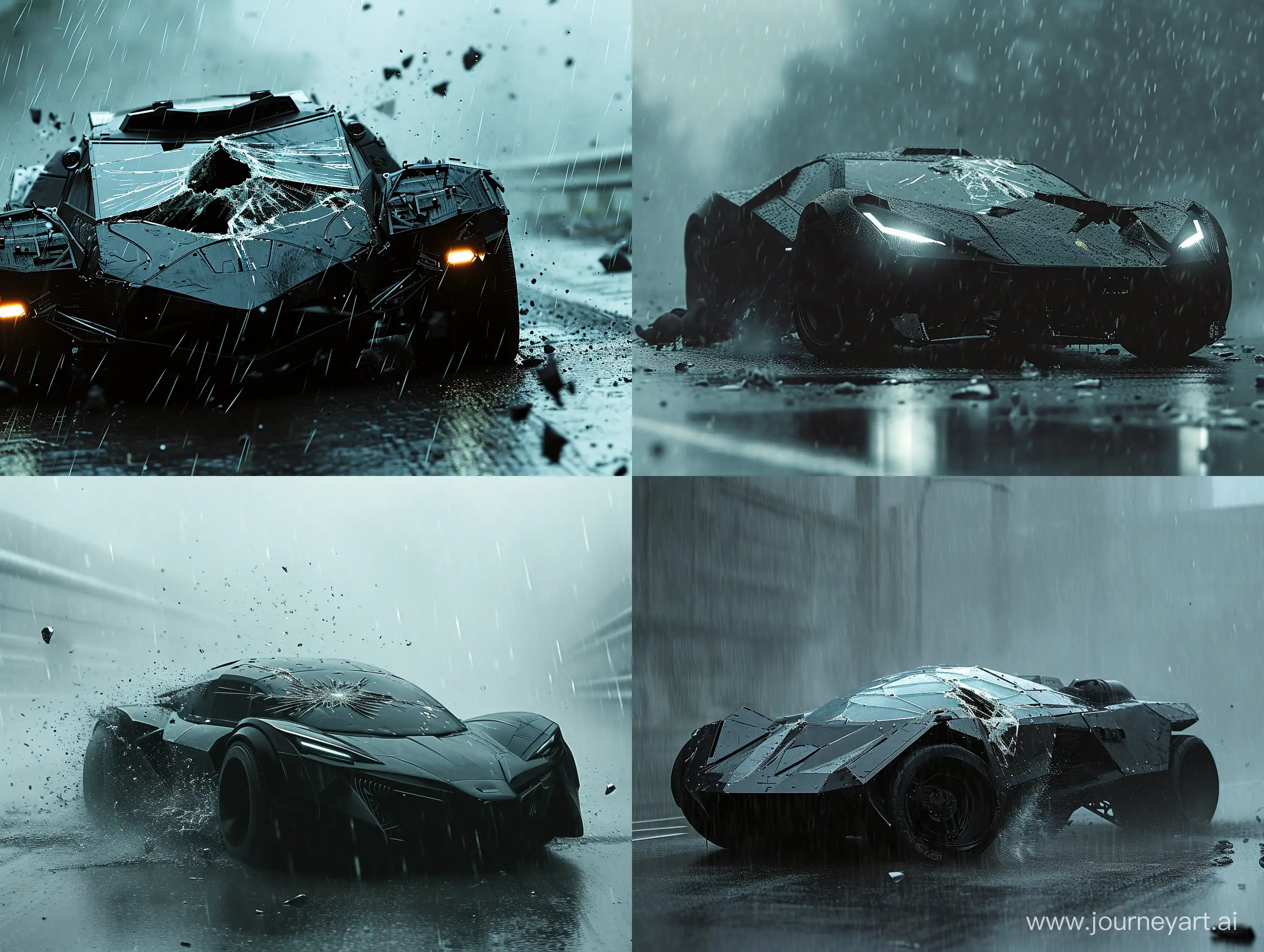 cinematic, movie shot, black armored sci fi car, chase, action shot, smashed windshield, dark rain, tlou style, inspired by Gregory Crewdson, conceptual art, fog day