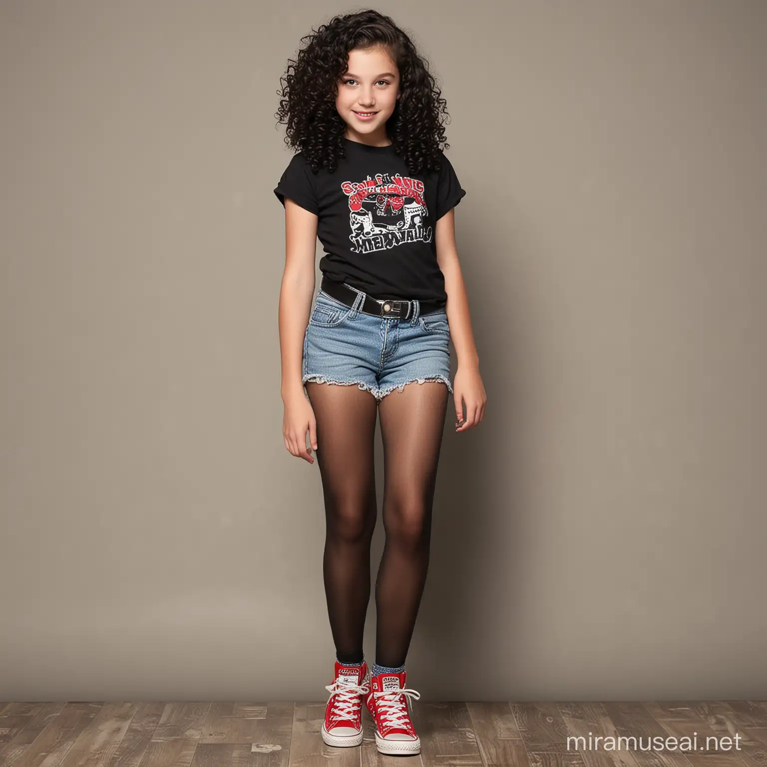 12 year old white girl, black curly hair,  wearing black pantyhose, jean shorts, red converse shoes, 