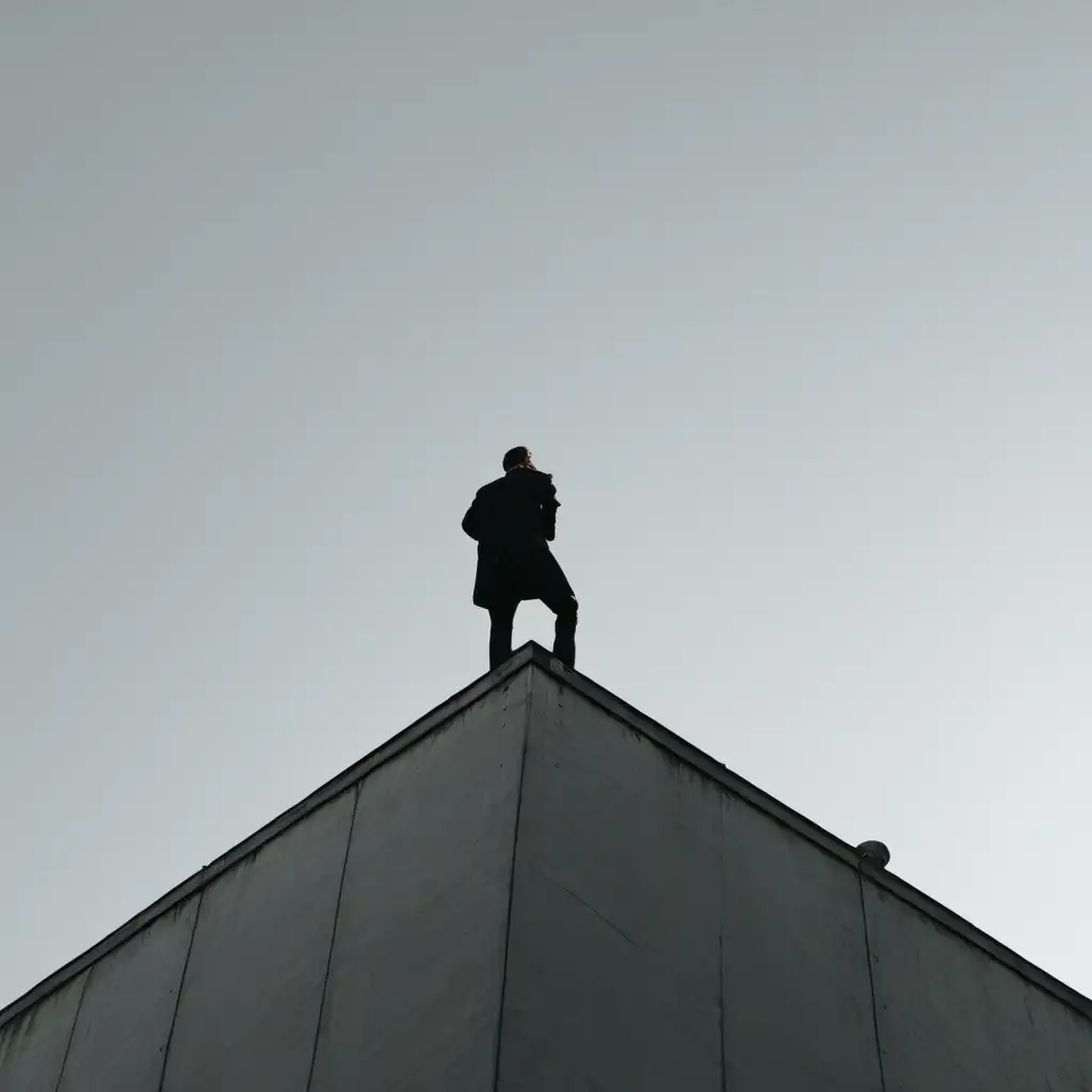 Confident Man Standing on Rooftop with Urban Skyline View
