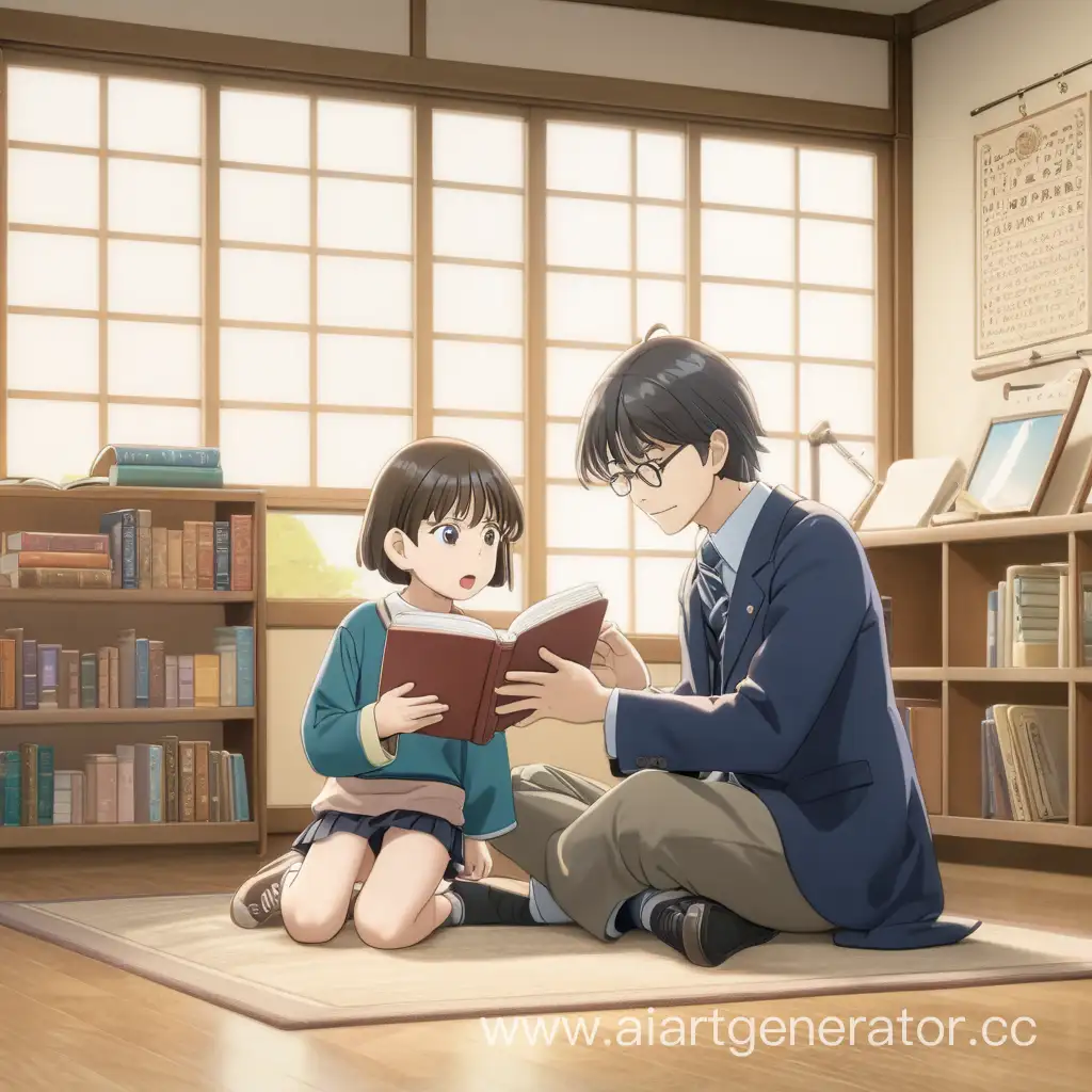 An anime scene of a teacher reading a book to a child