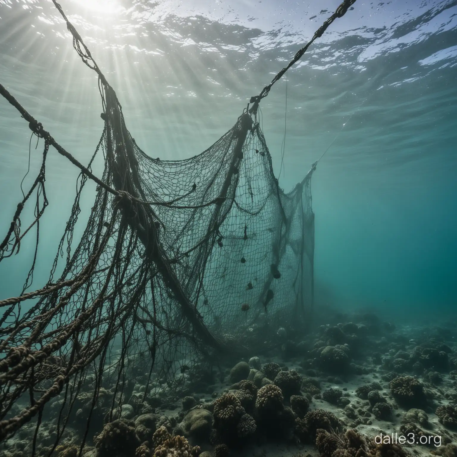 close-up dramatic underwater shot of illegal bottom trawling. We see the fishing net scraping the bottom of the ocean, almost no coral reef is left. dull colors