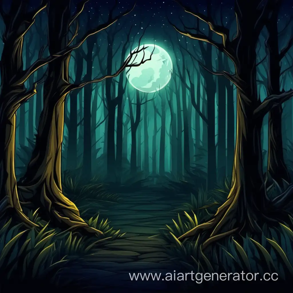 Задний фон ночного леса в 2D