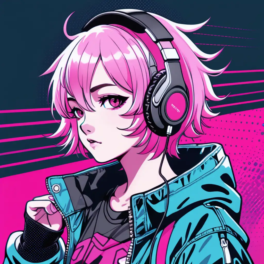 anime cyberpunk girl, in jacket, exposed midriff, short chin length pink hair, wearing headphones, posterized halftone, full body shot