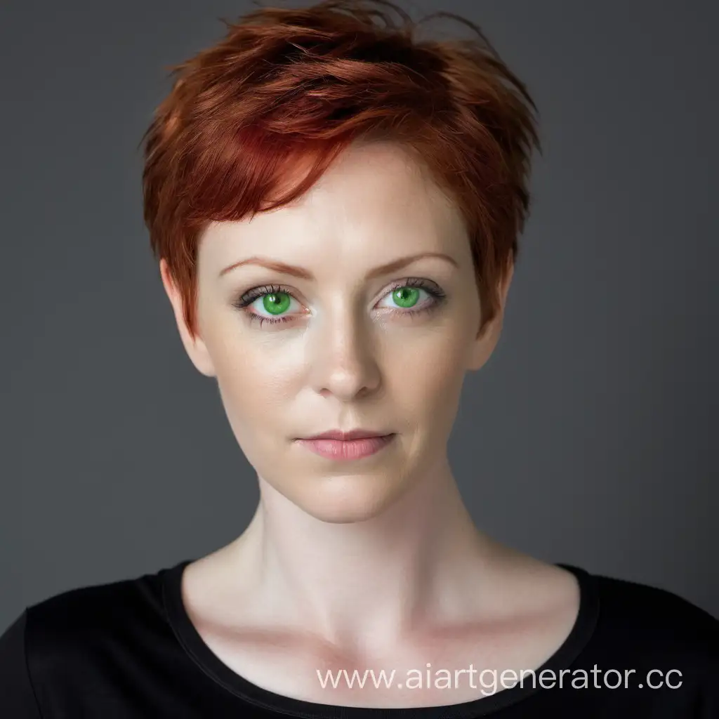 Женщина с короткими красными волосами и зелёными глазами. У неё мягкие черты лица, чёрная футболка с декольте, она смотрит вперёд.