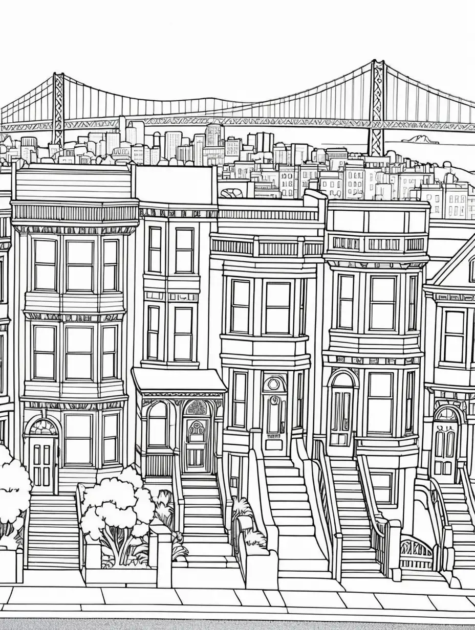 San Francisco Townhouses Coloring Page with Golden Gate Bridge