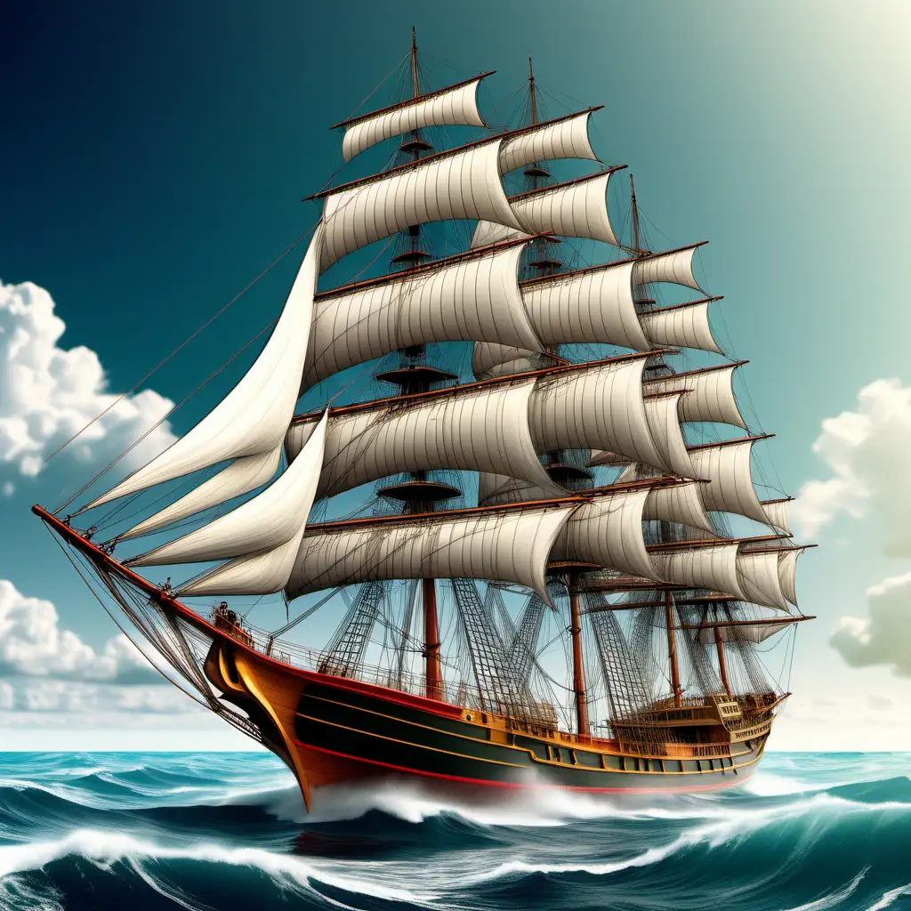 /imagine adult lifelike illustration, 3 masted ship on the ocean, thick lines, high detail, vivid color - - ar 85:110