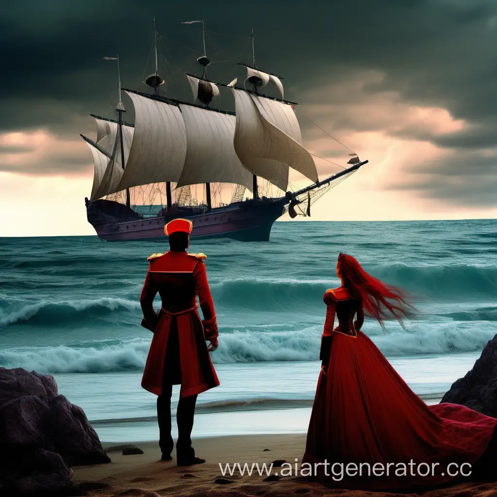 Принц и девушка видят на берегу корабль с алыми парусами, корабль проплывает мимо них
