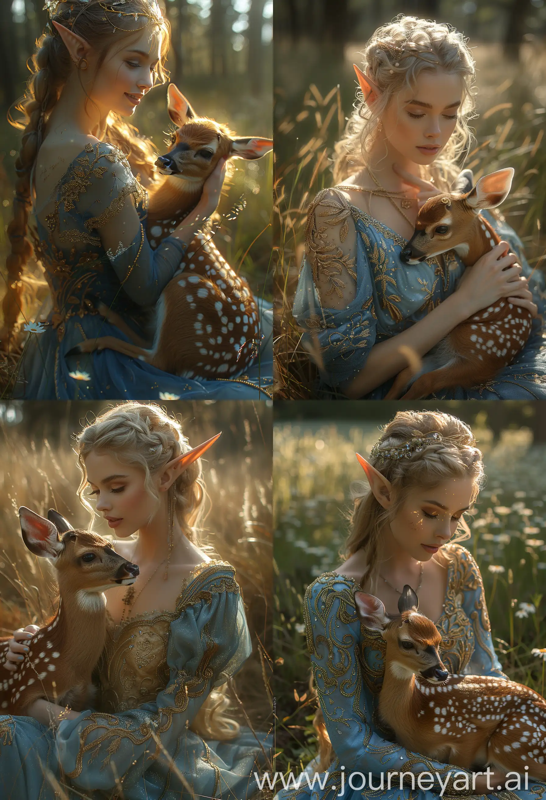 Elf-Woman-in-Blue-and-Gold-Gown-with-Fawn-in-Nature