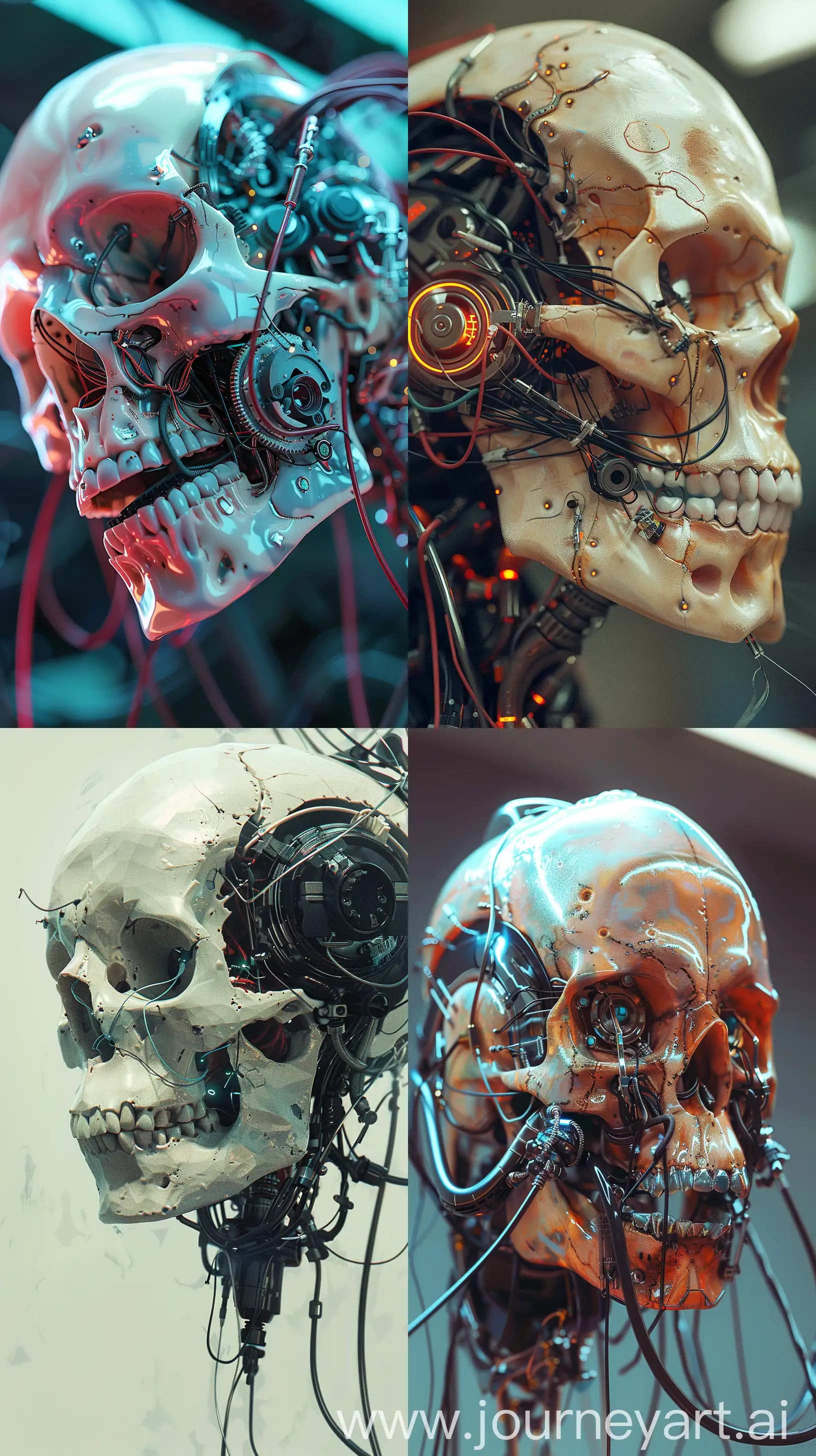 opalescence technical digital design, accurate skull cyborg head plugged into wires, tech linked with skull --ar 9:16