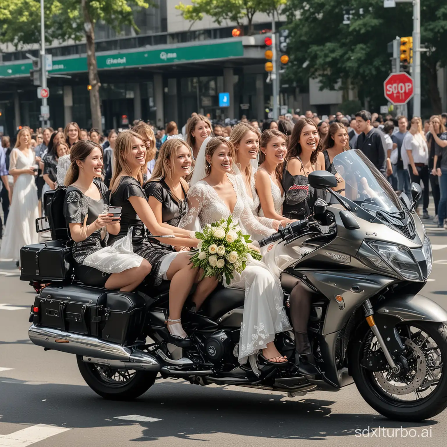 Moto de 40 lugares com 40 noivas parada no farol e pessoas filmando