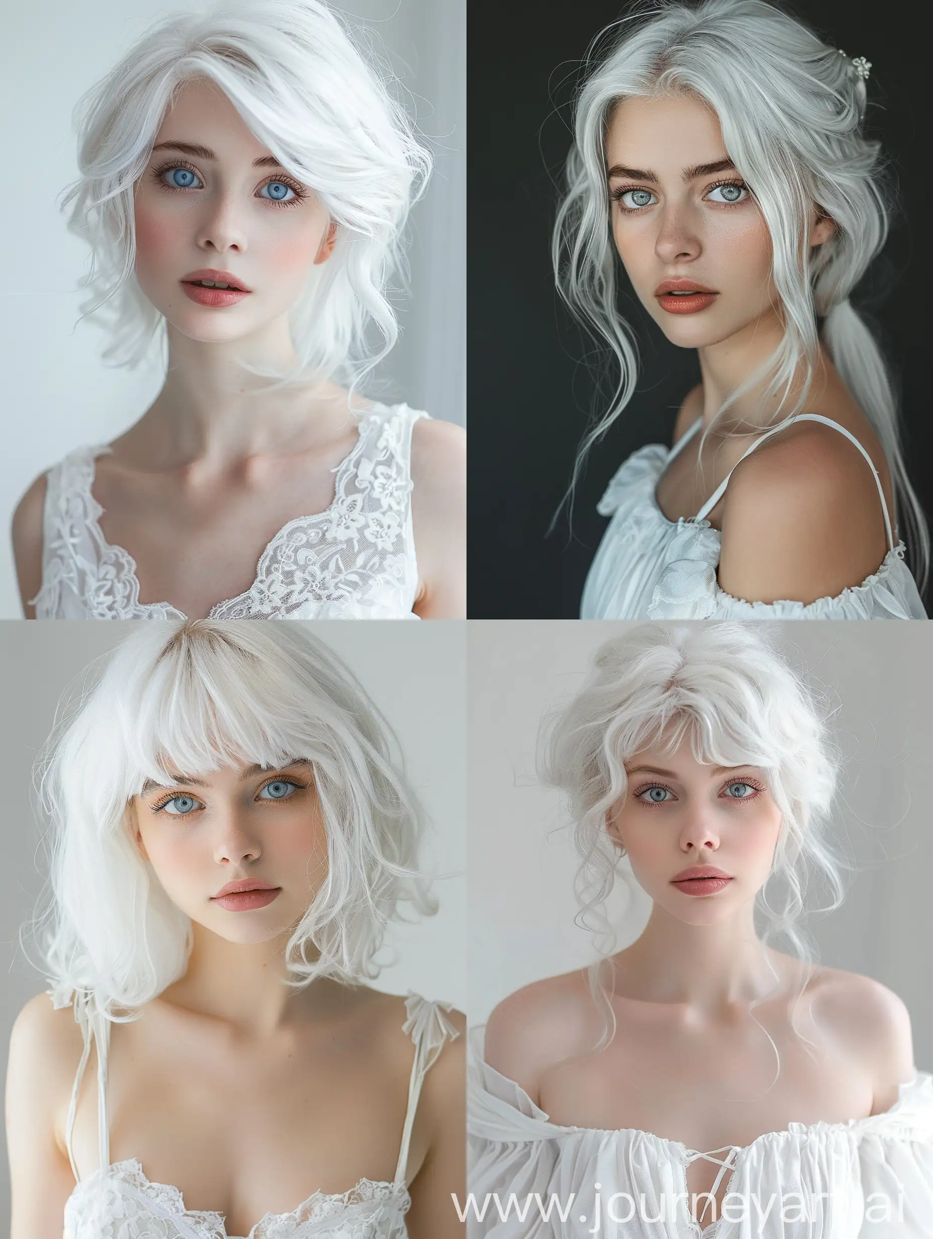 красивая молодая девушка с белыми волосами, прическа кара, голубые волосы, в белом платье