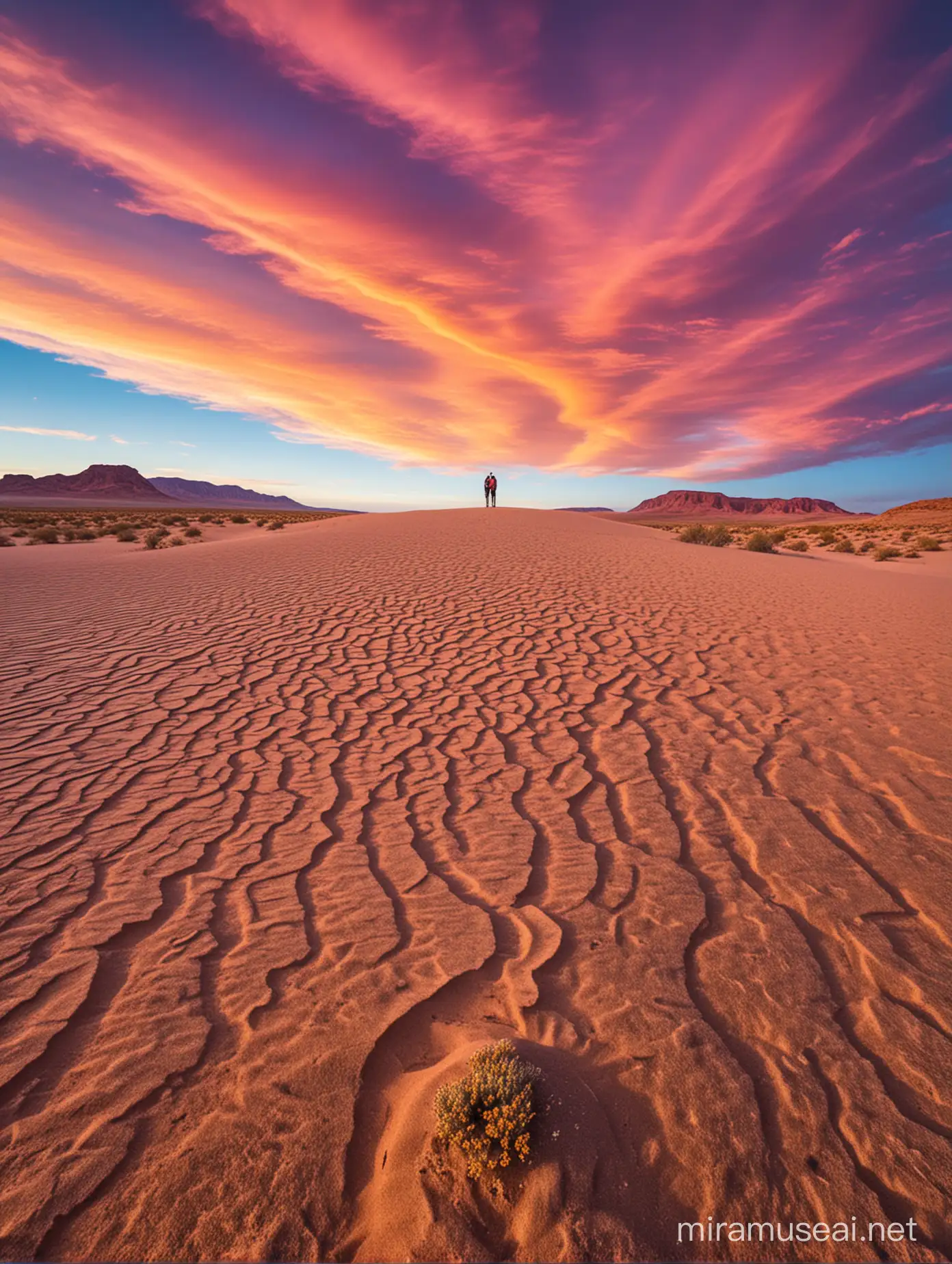 Desert Wanderers Amidst a Vivid Colorful Sky