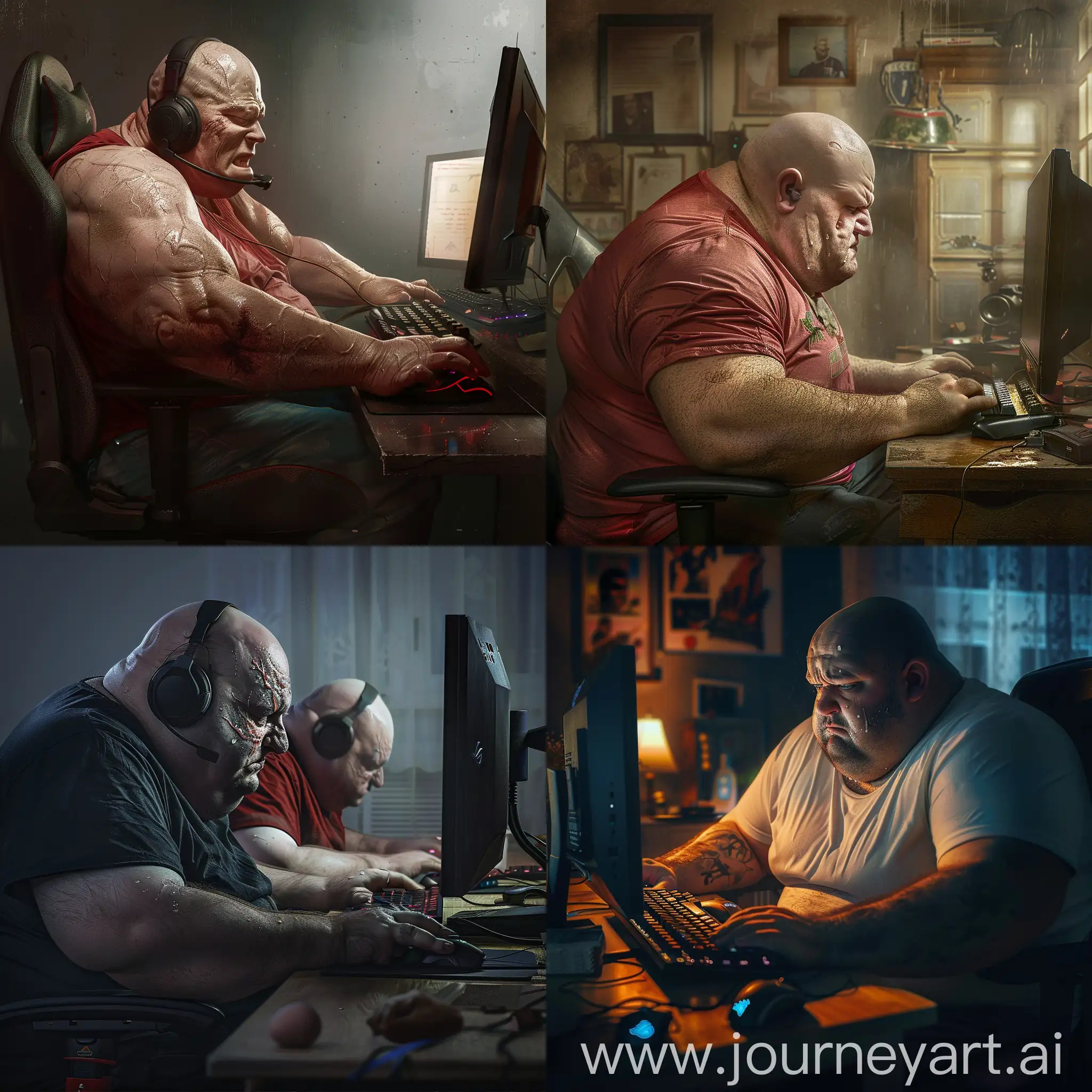 photorealistic bald and fat guys playing on pc with sweaty head