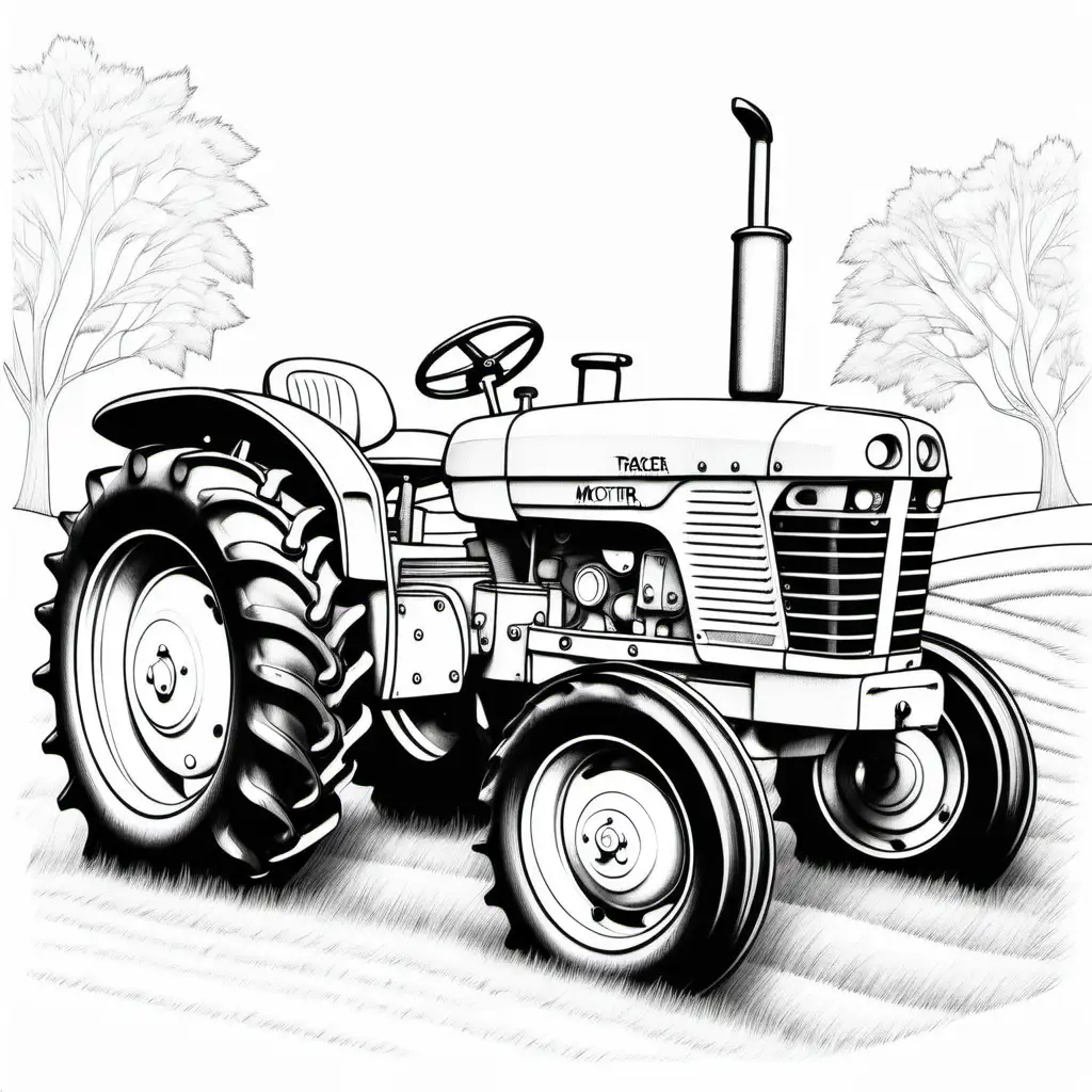 Tractor Coloring Page Simple Pencil Drawing with Clear Contours on White Background