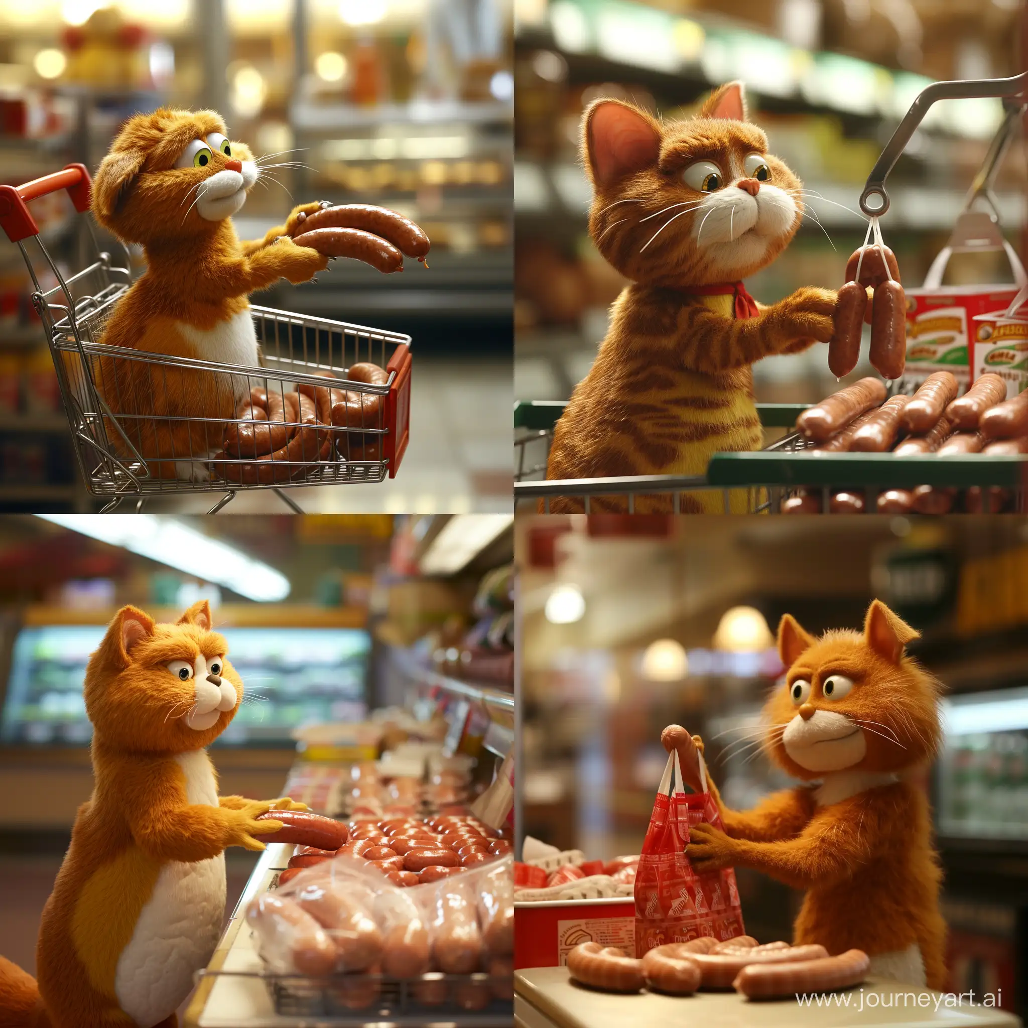 Жирный кот Гарфилд покупает сосиски в магазине