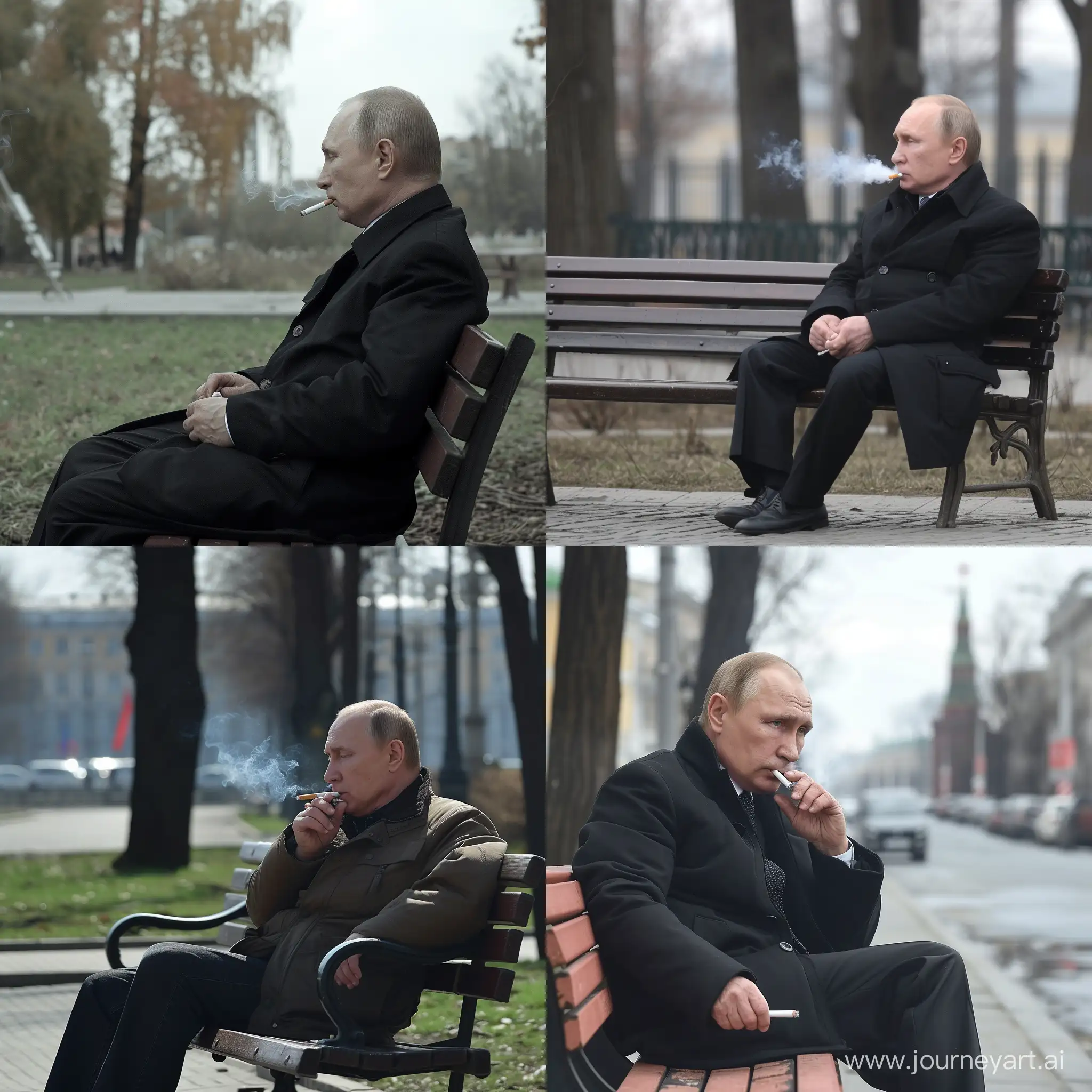 Путин курит сигарету на лавочке 