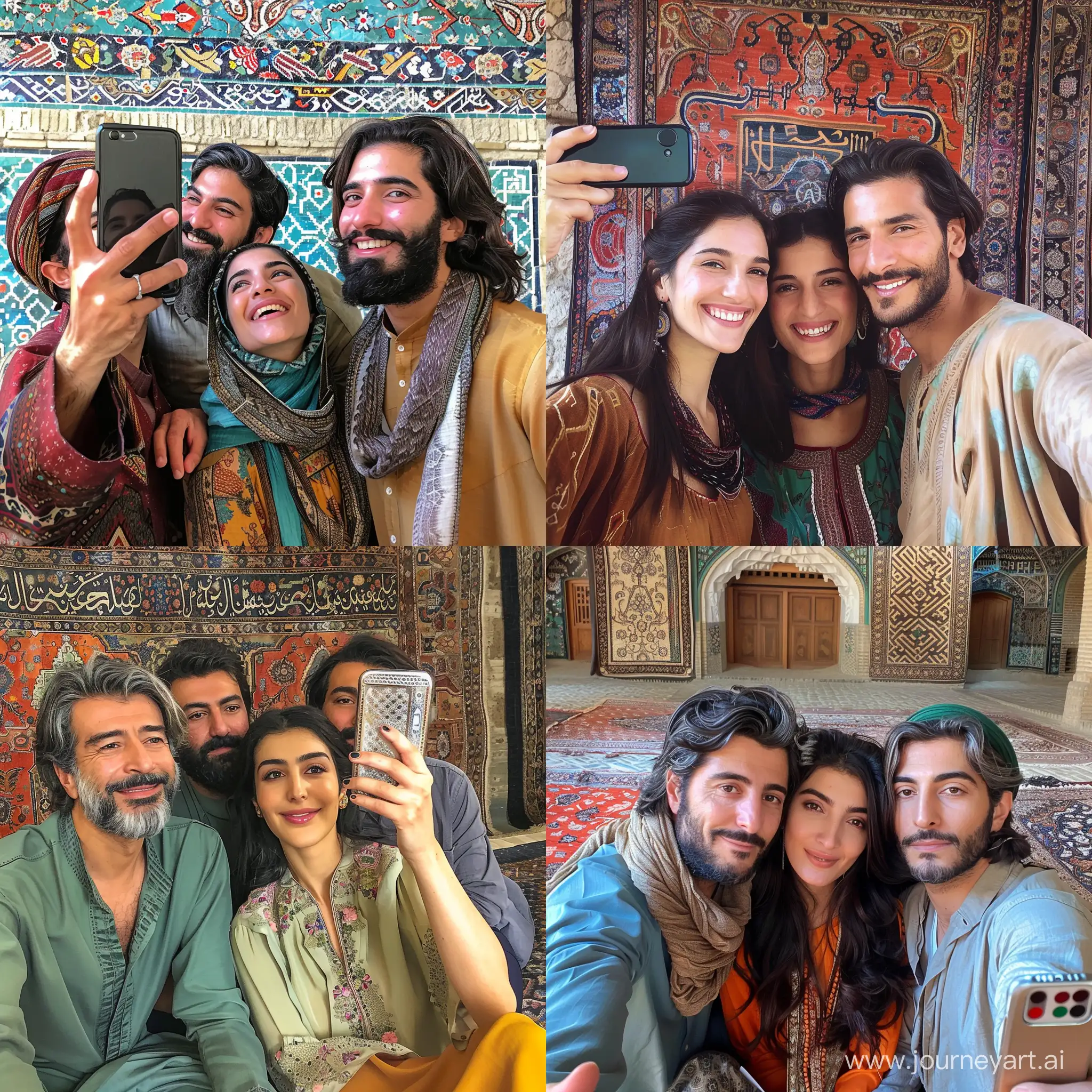 Hafez, Saadi and Forugh Farrokhzad taking a selfie together with traditional Iranian background